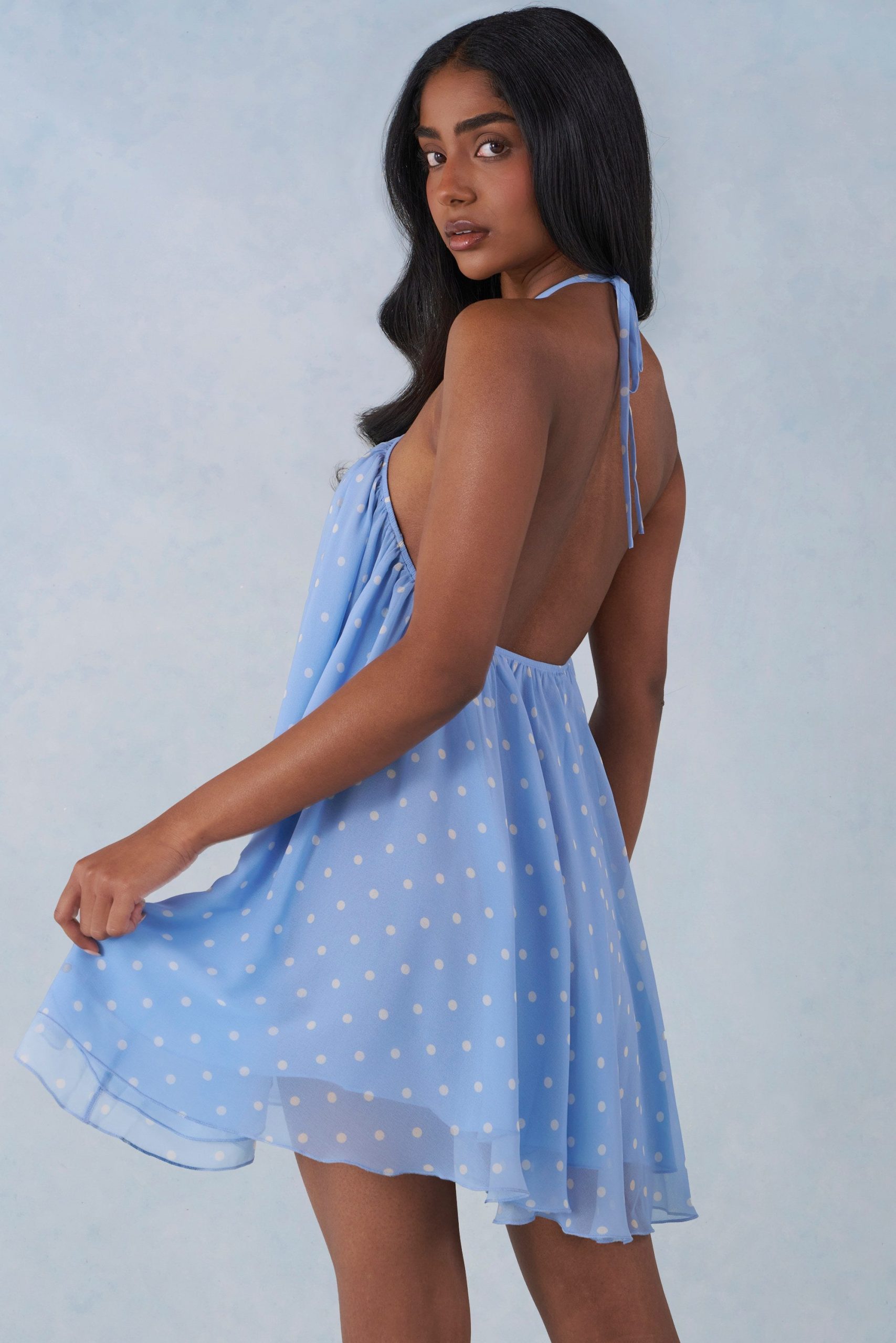 Halterneck Babydoll Mini Dress in Blue Polka Dot Print - Image 2