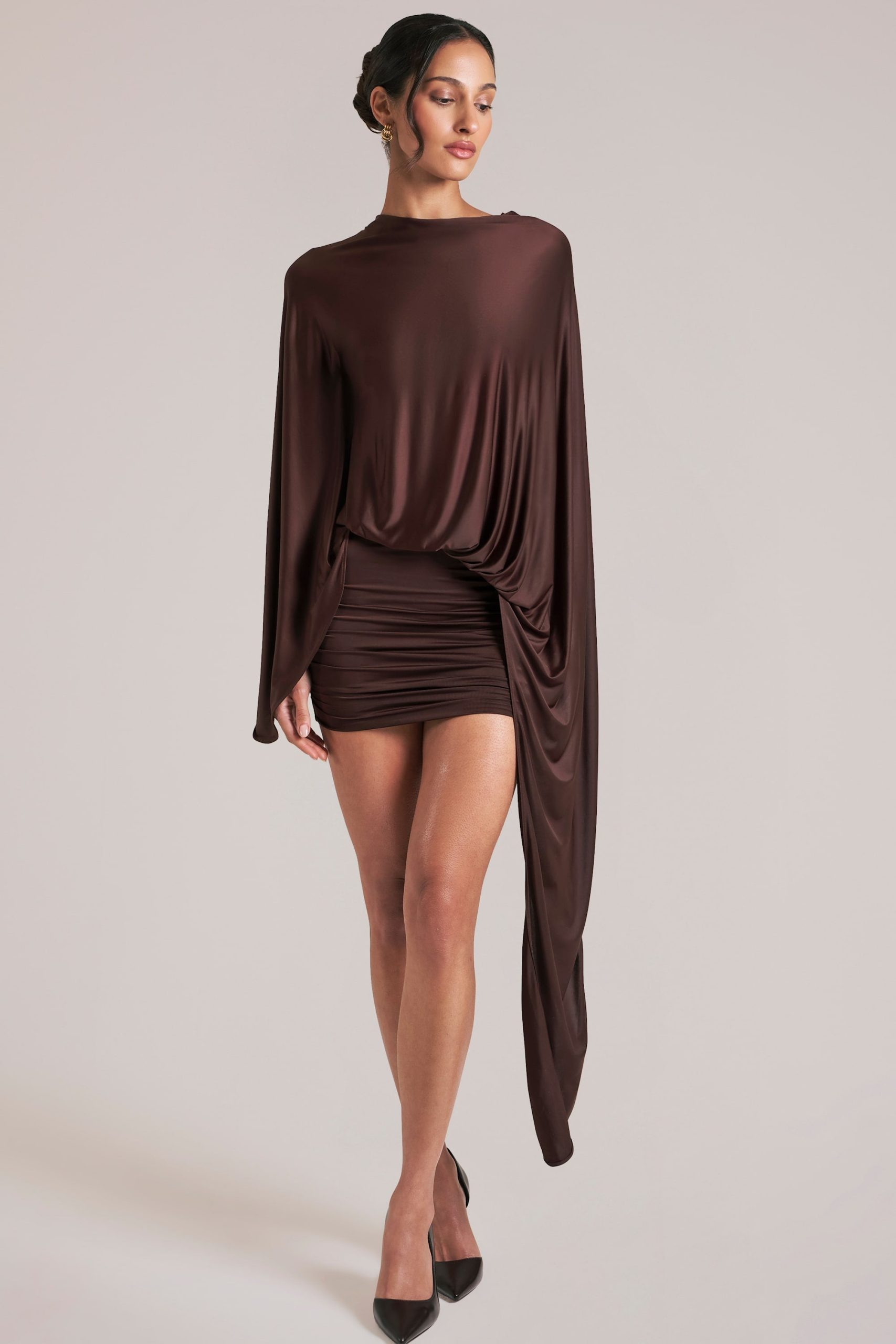 Draped Cape Mini Dress in Chocolate Brown - Image 2