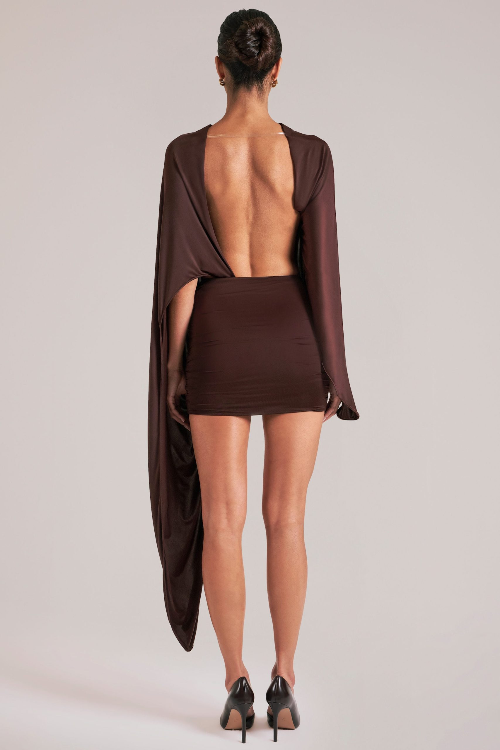 Draped Cape Mini Dress in Chocolate Brown - Image 7