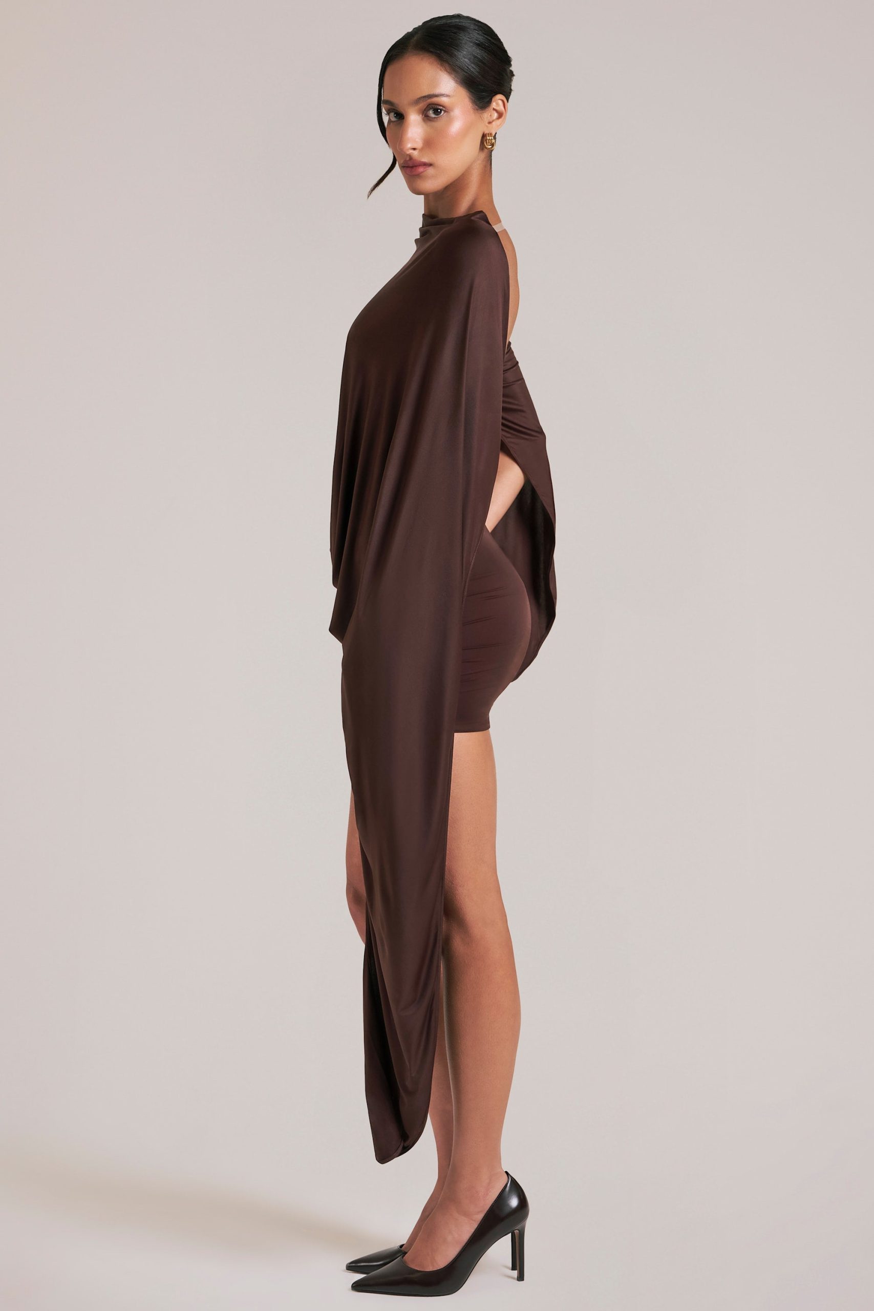 Draped Cape Mini Dress in Chocolate Brown - Image 6