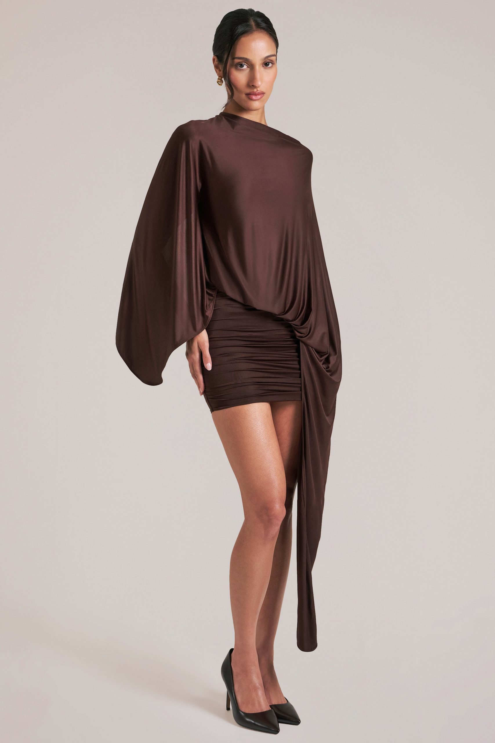 Draped Cape Mini Dress in Chocolate Brown - Image 8