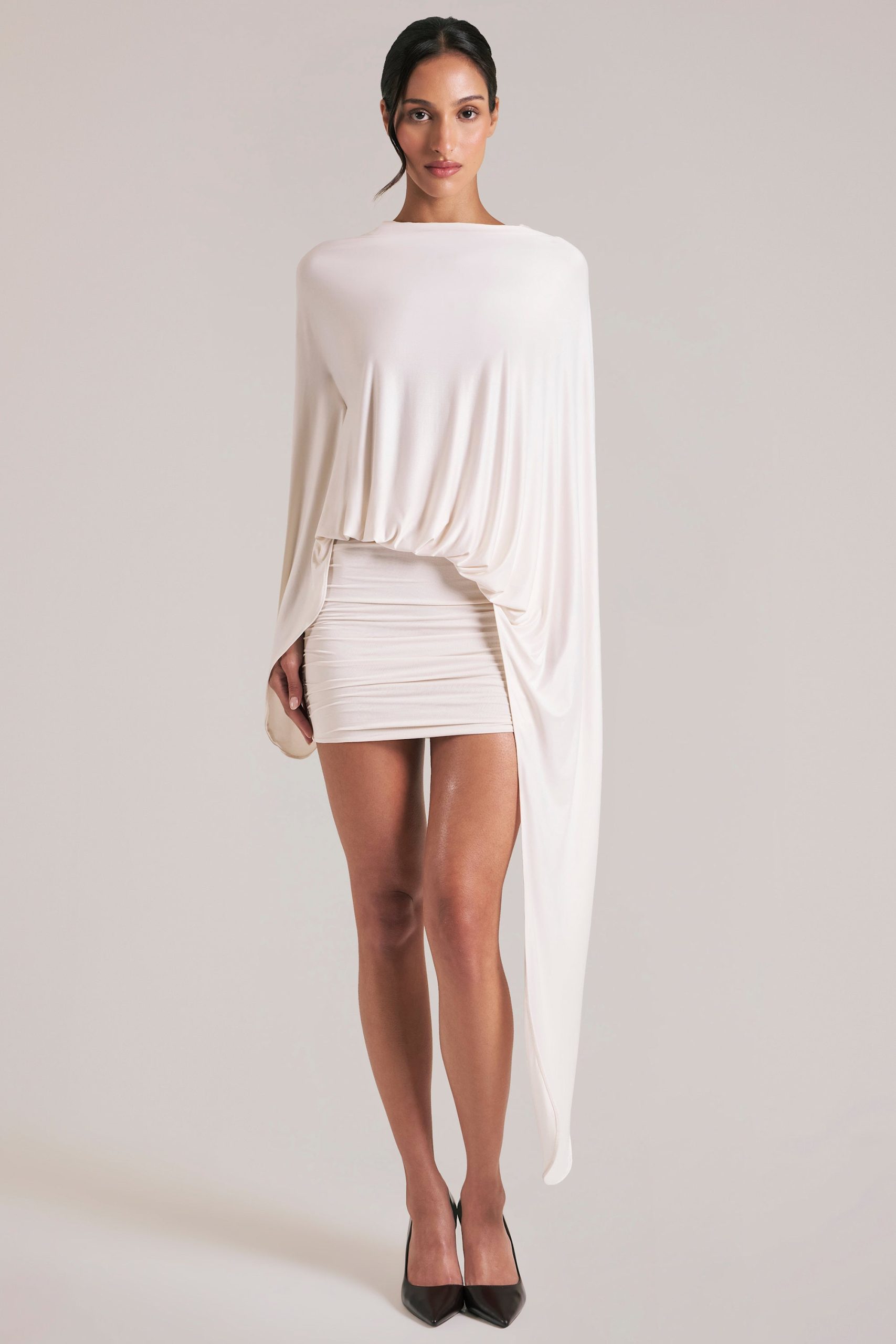 Draped Cape Mini Dress in Ivory - Image 5