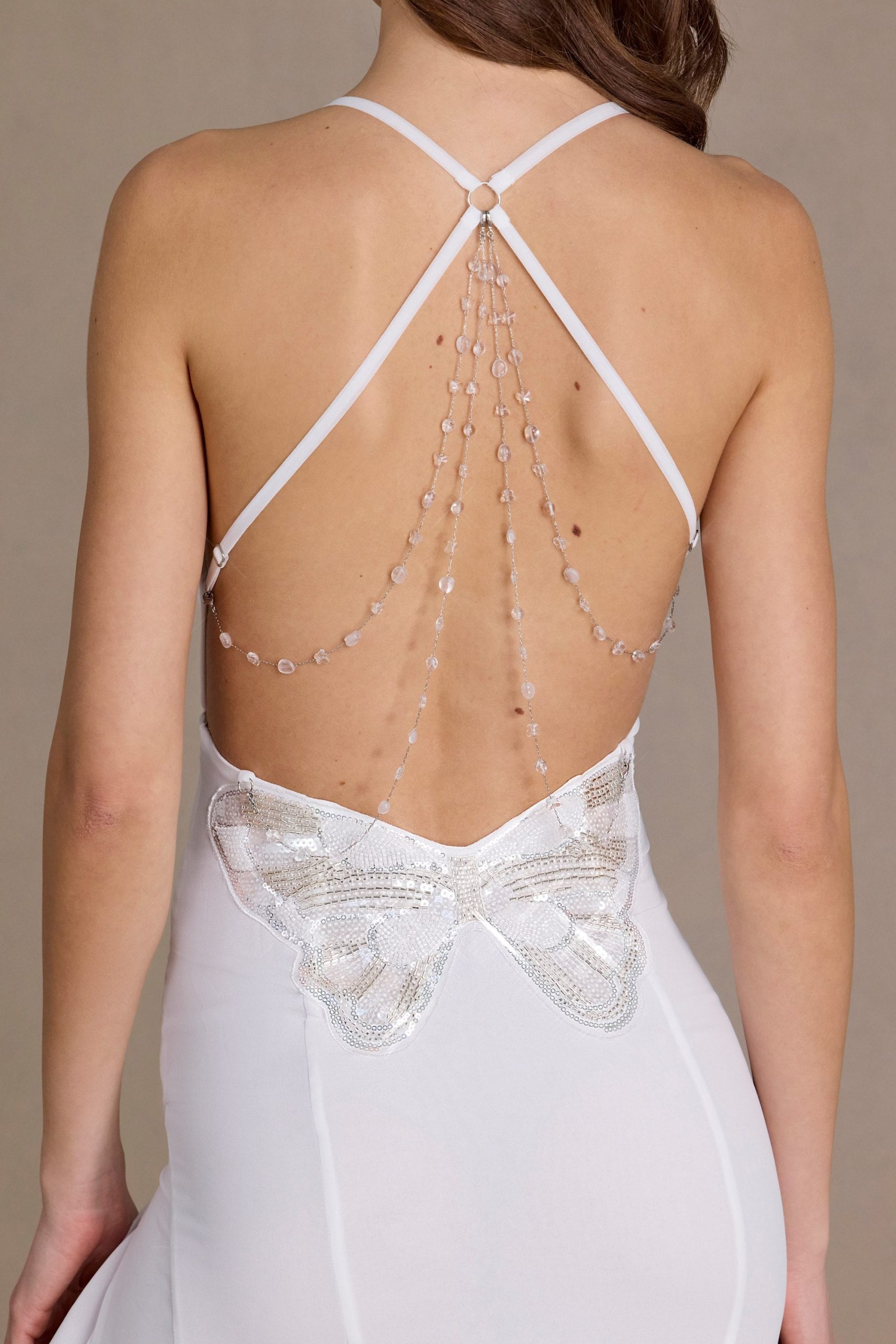 Premium Chiffon Cowl-Neck Open-Back Gown in White - Image 4