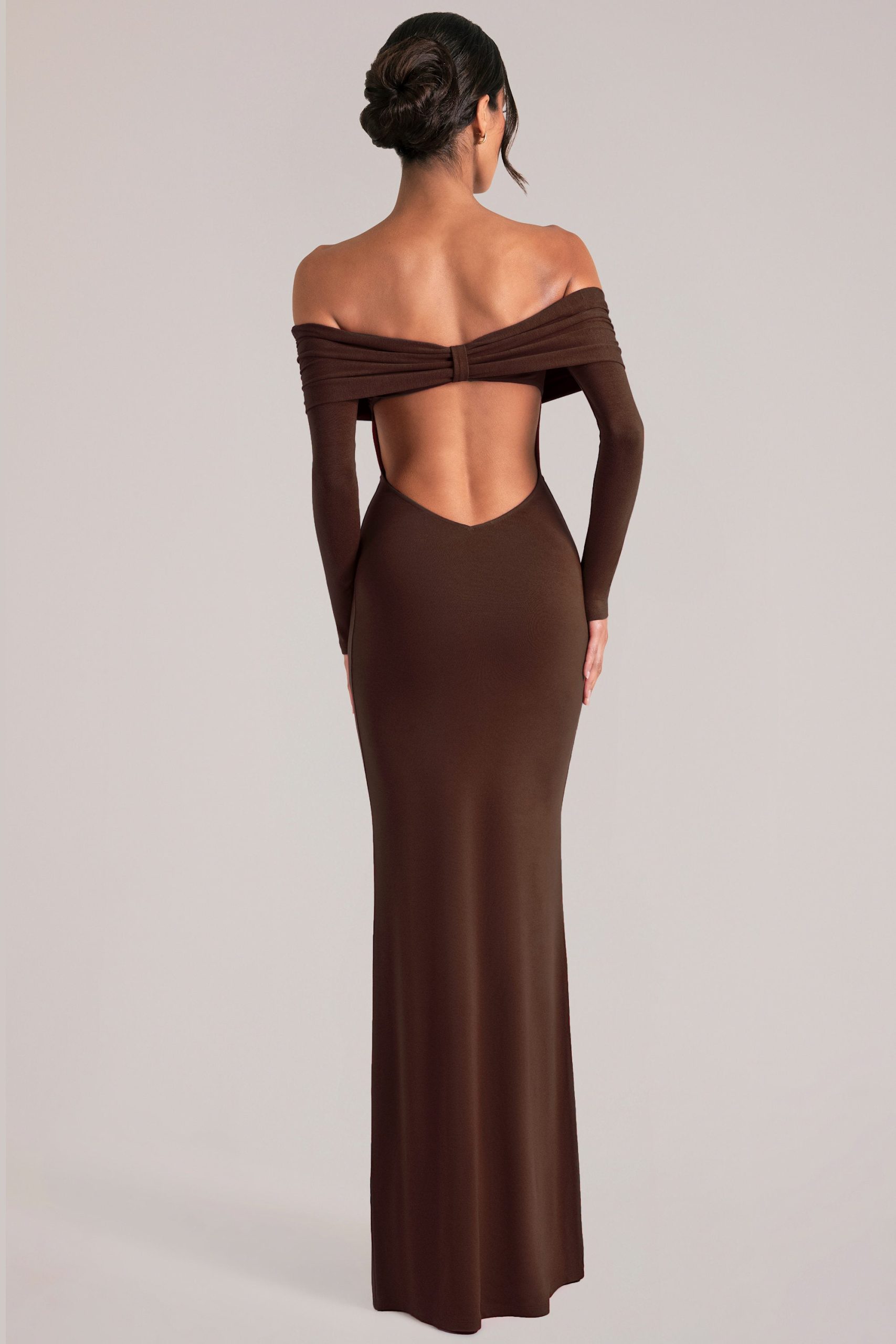 Off-Shoulder Long-Sleeve Maxi Dress in Chocolate Brown - Image 2