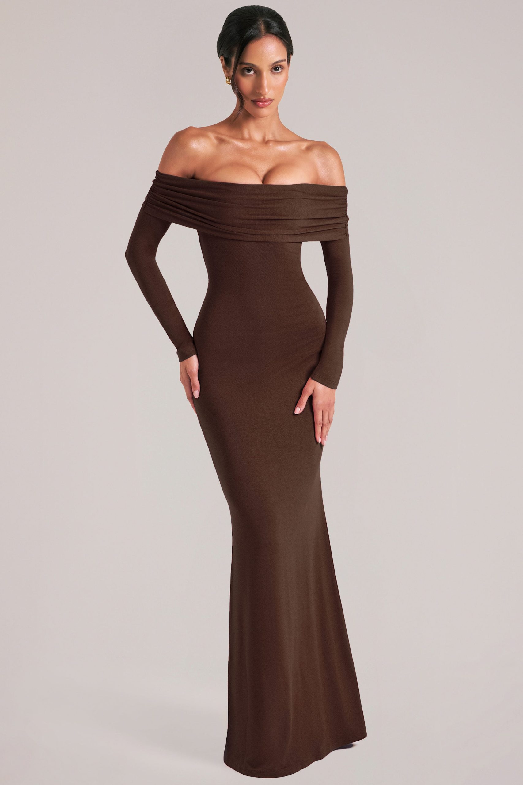Off-Shoulder Long-Sleeve Maxi Dress in Chocolate Brown - Image 6