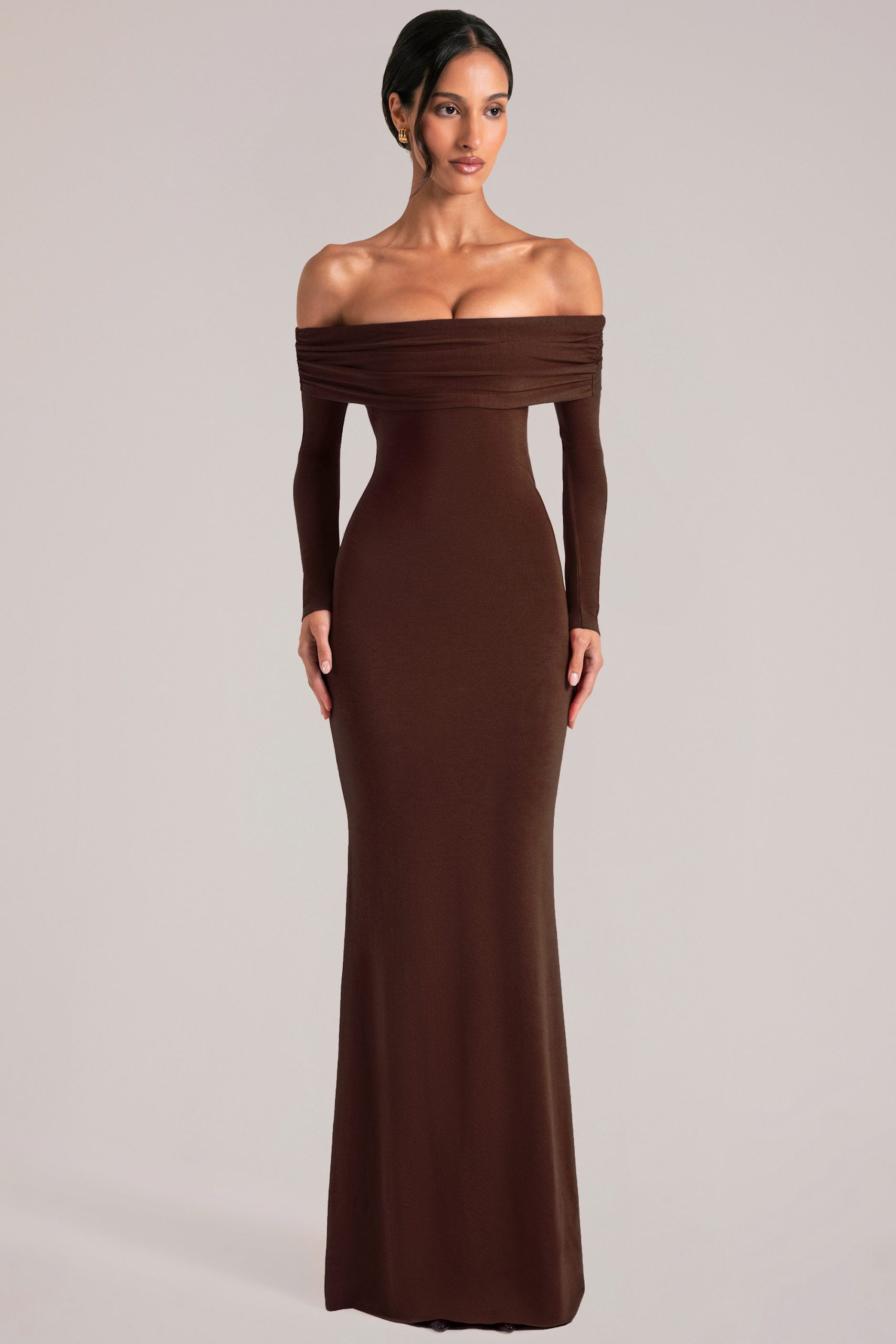 Off-Shoulder Long-Sleeve Maxi Dress in Chocolate Brown - Image 5