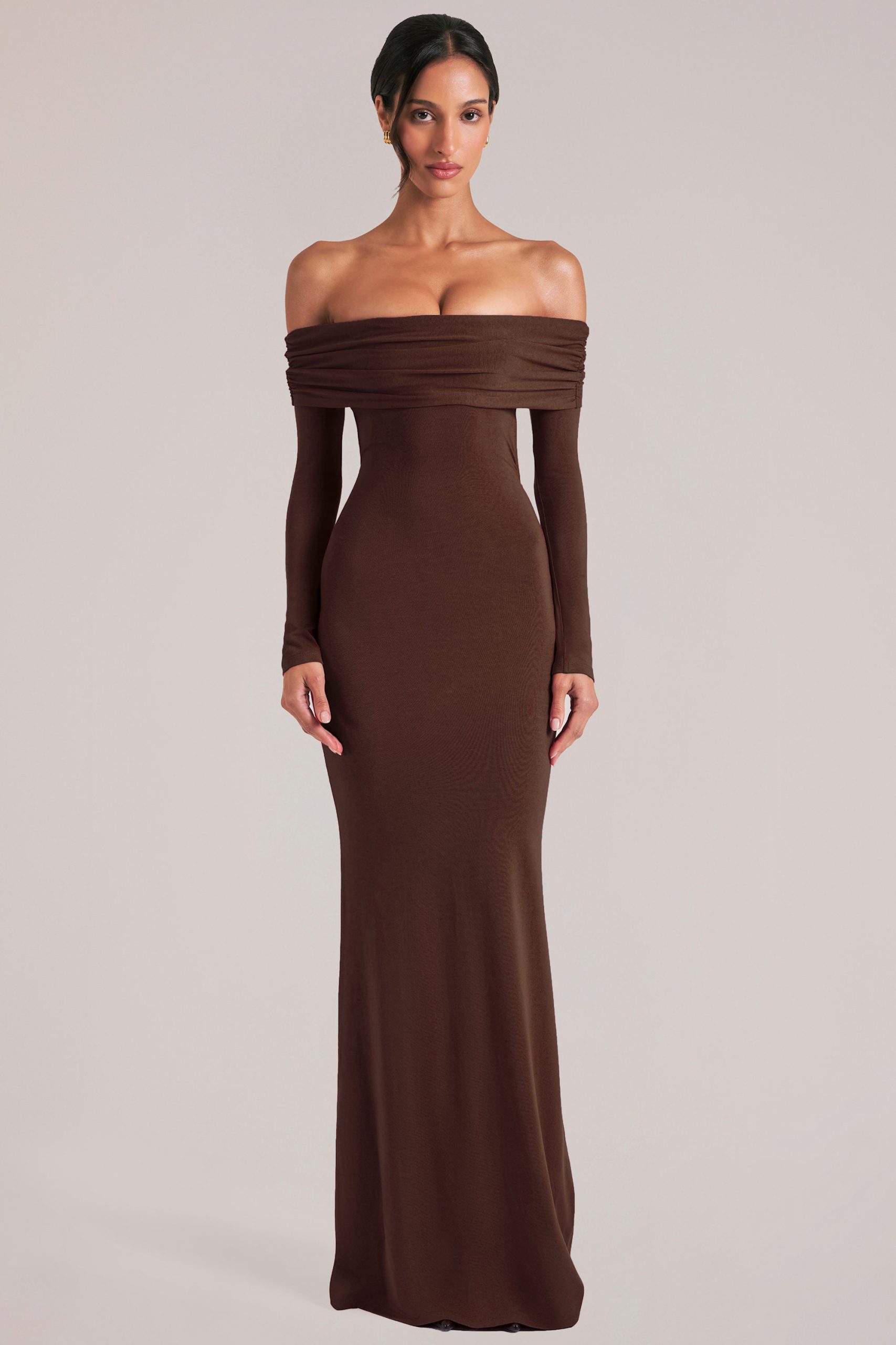 Off-Shoulder Long-Sleeve Maxi Dress in Chocolate Brown - Image 9