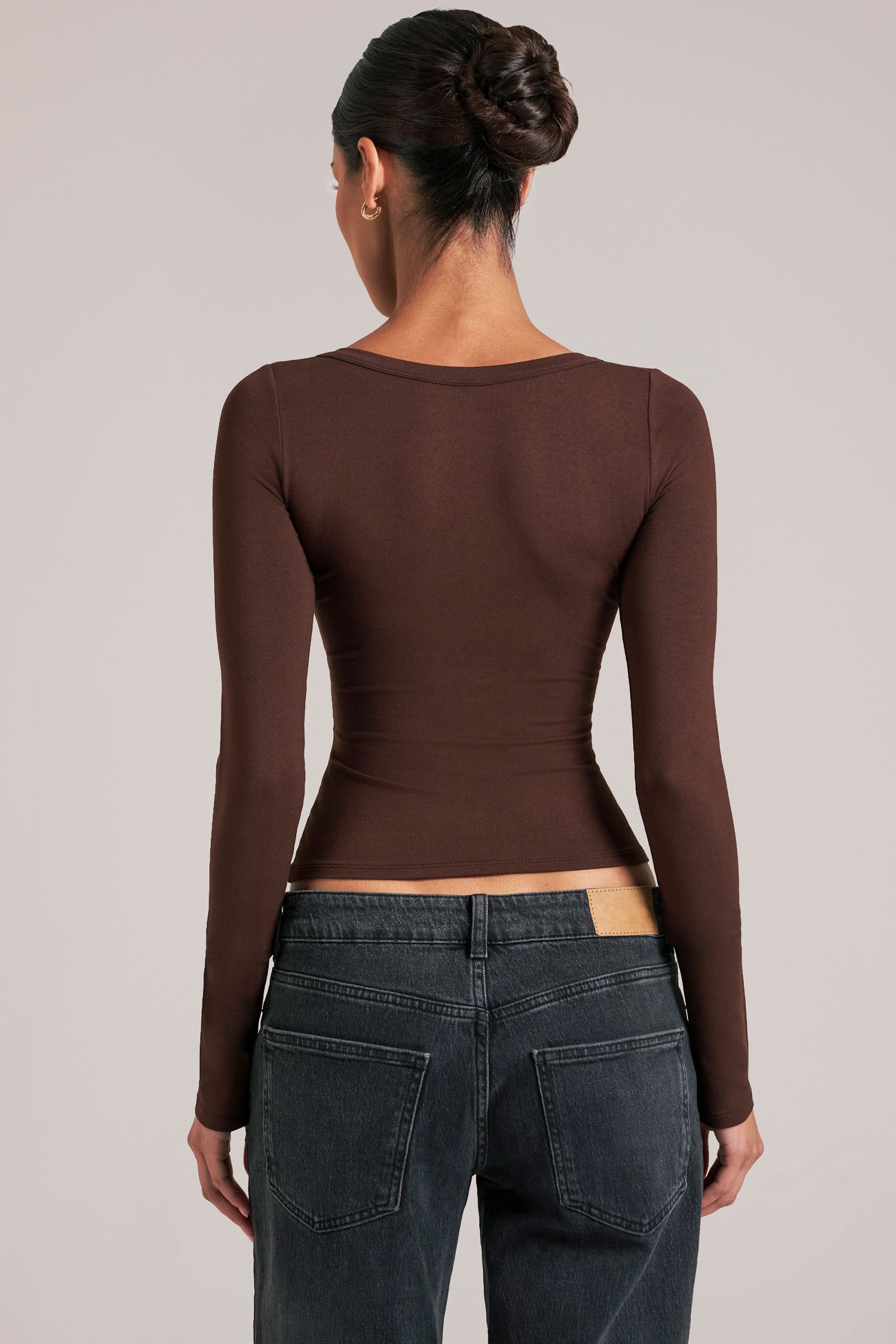V-Neck Long-Sleeve Top in Chocolate Brown - Image 2