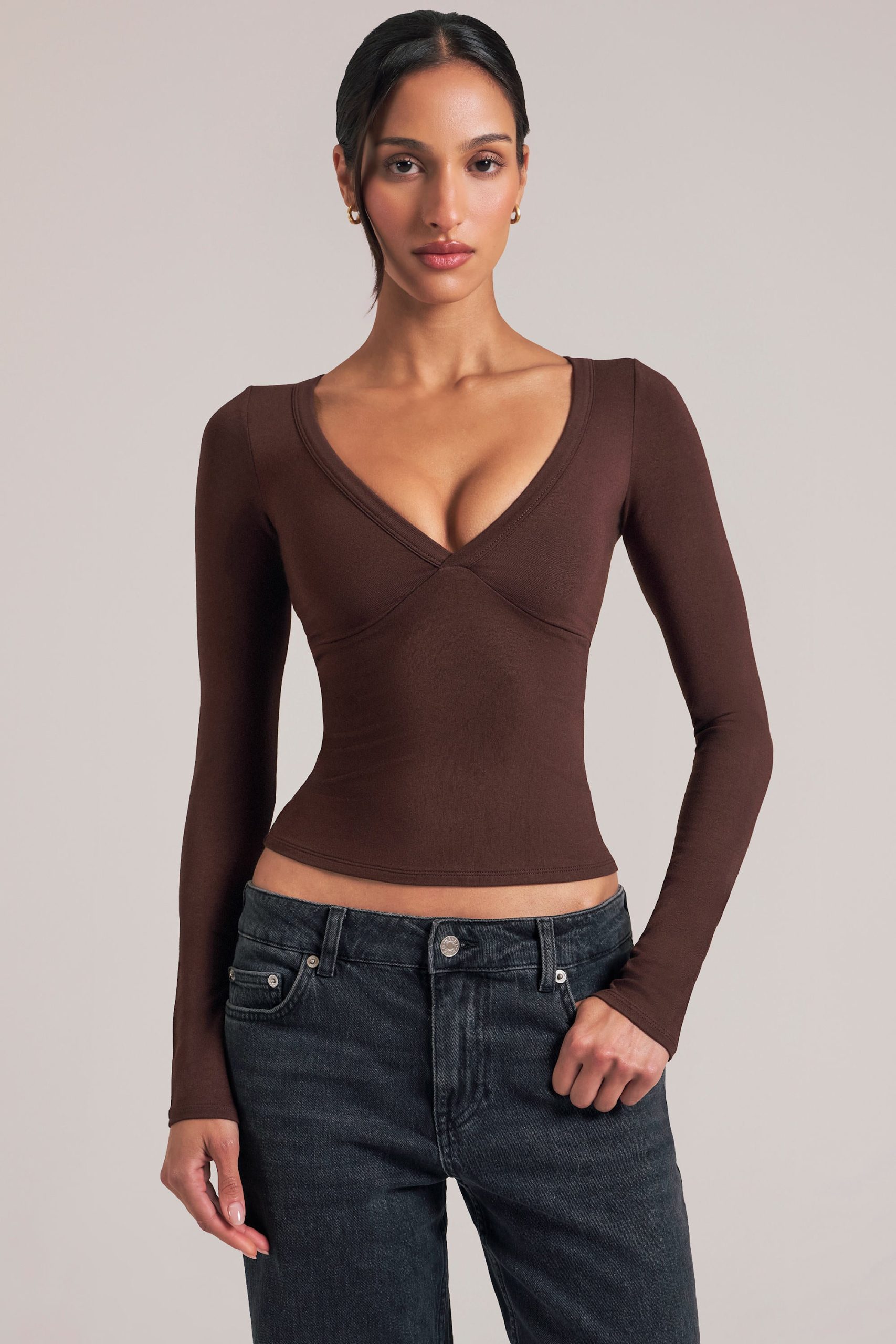 V-Neck Long-Sleeve Top in Chocolate Brown - Image 8