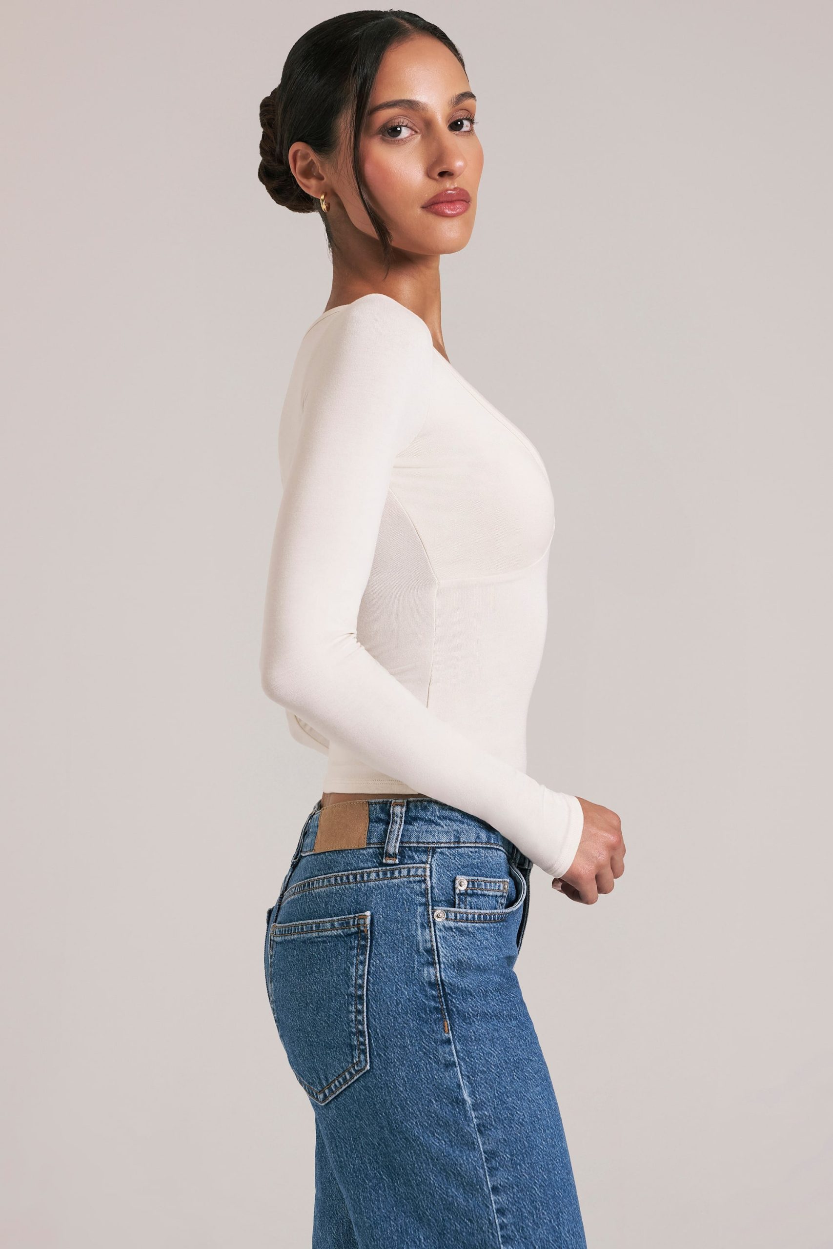V-Neck Long-Sleeve Top in Ivory - Image 3