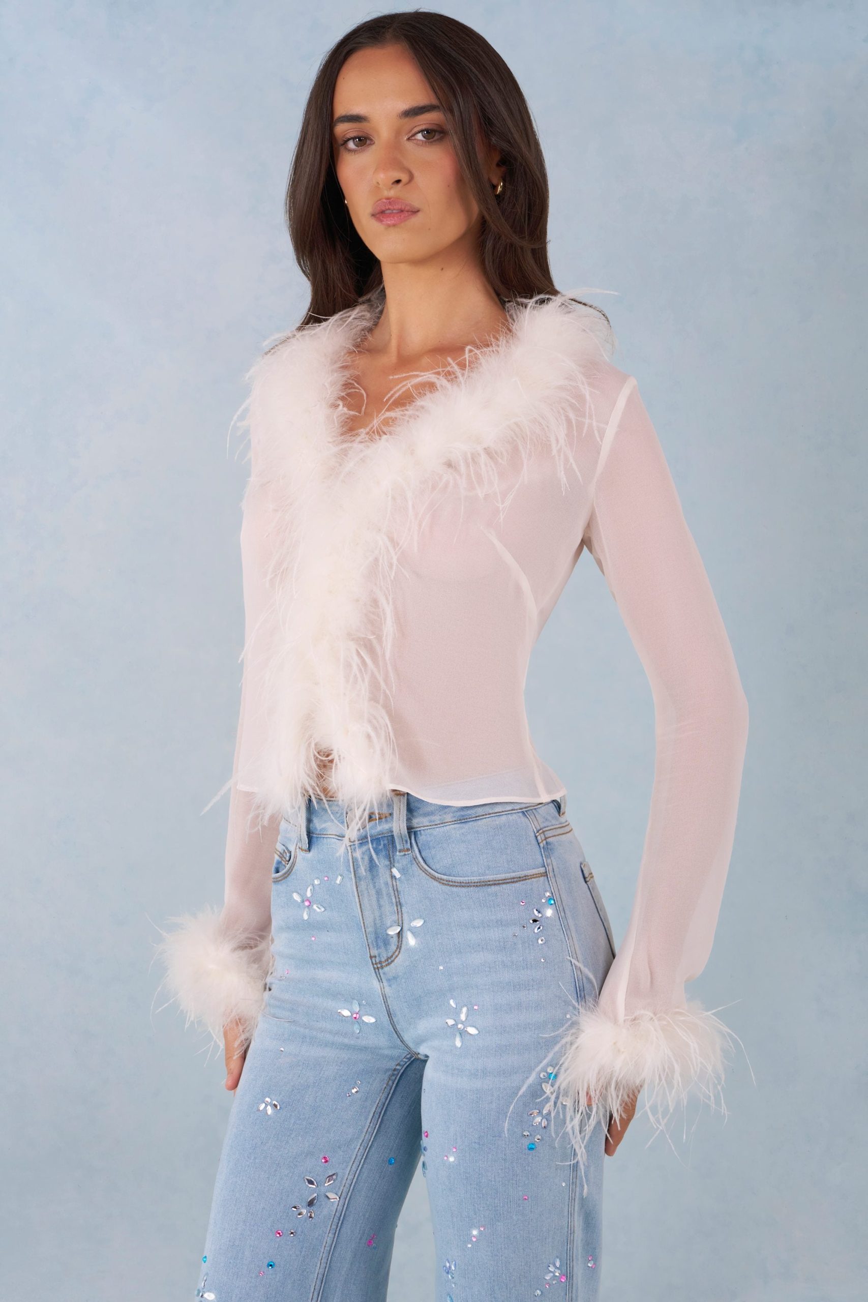 Faux Fur-Trim Sheer Top in Ivory - Image 7