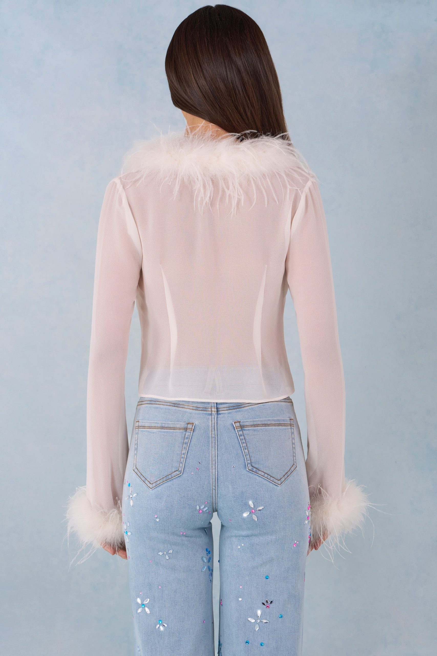 Faux Fur-Trim Sheer Top in Ivory - Image 3