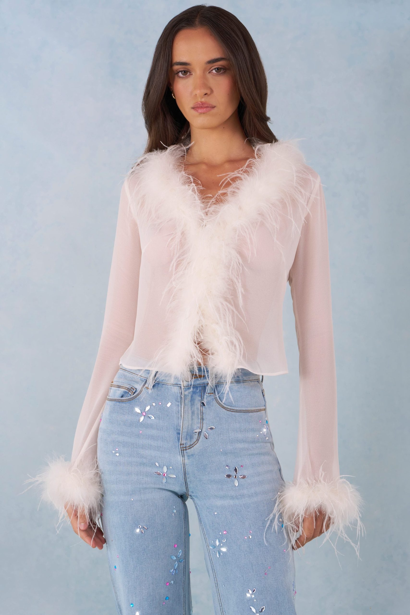 Faux Fur-Trim Sheer Top in Ivory - Image 5