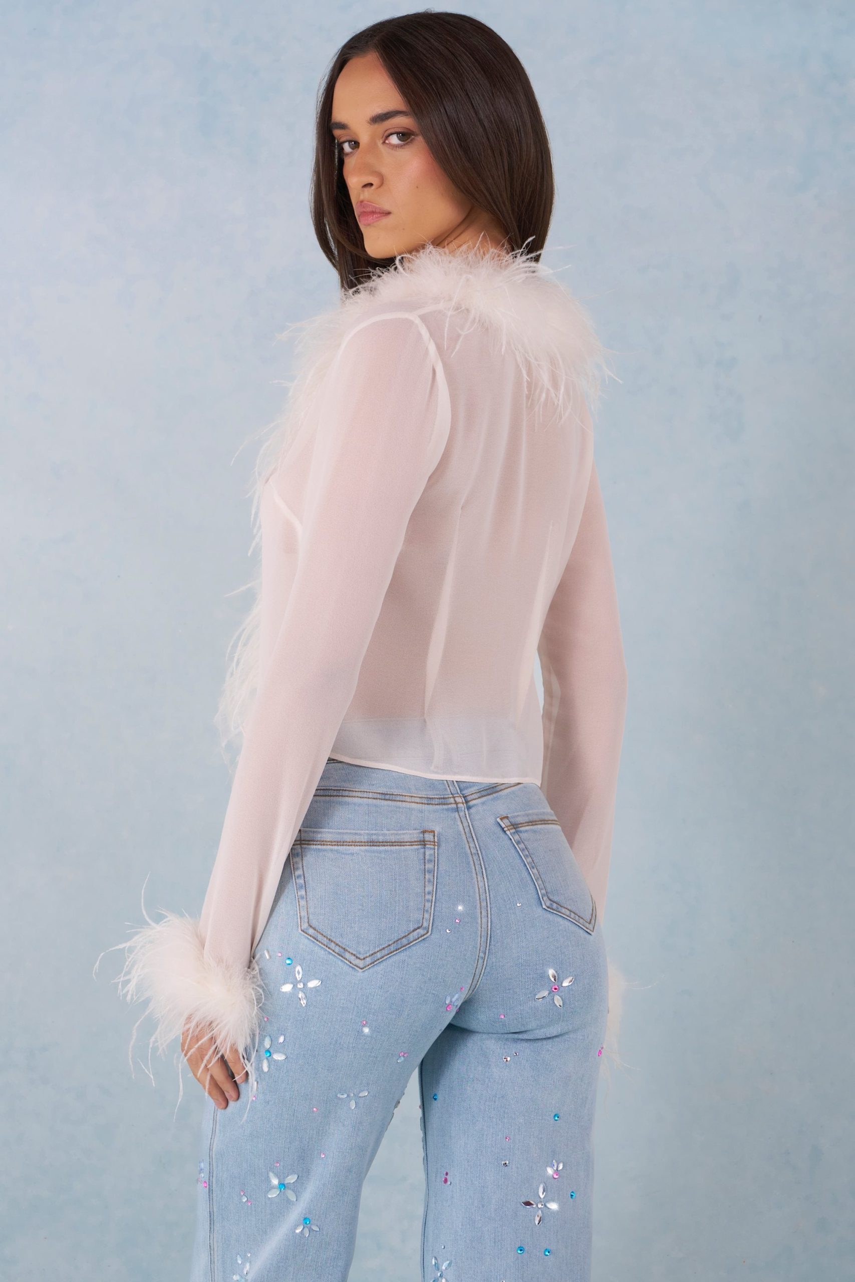 Faux Fur-Trim Sheer Top in Ivory - Image 2