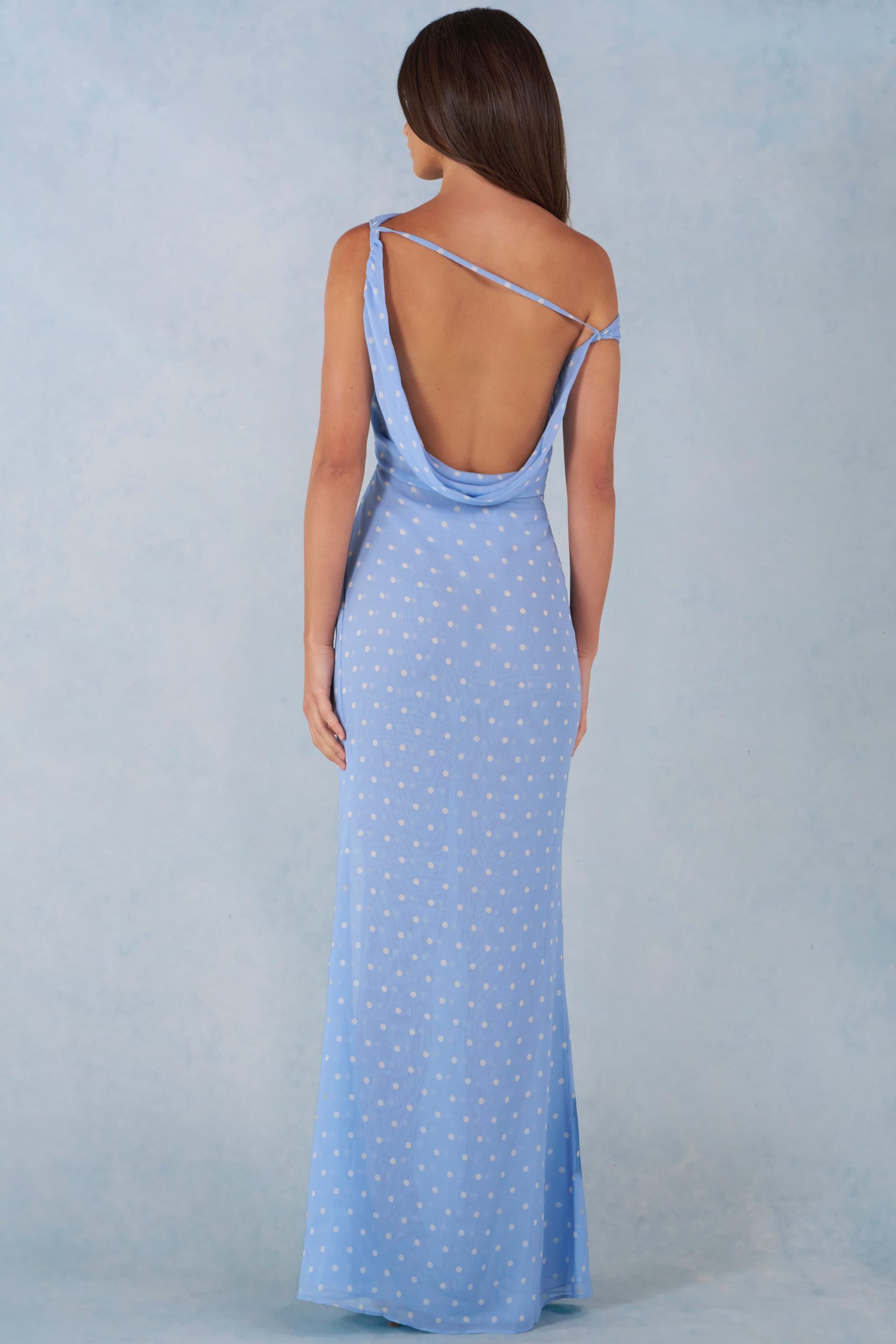 One-Shoulder Maxi Dress in Blue Polka Dot Print - Image 5