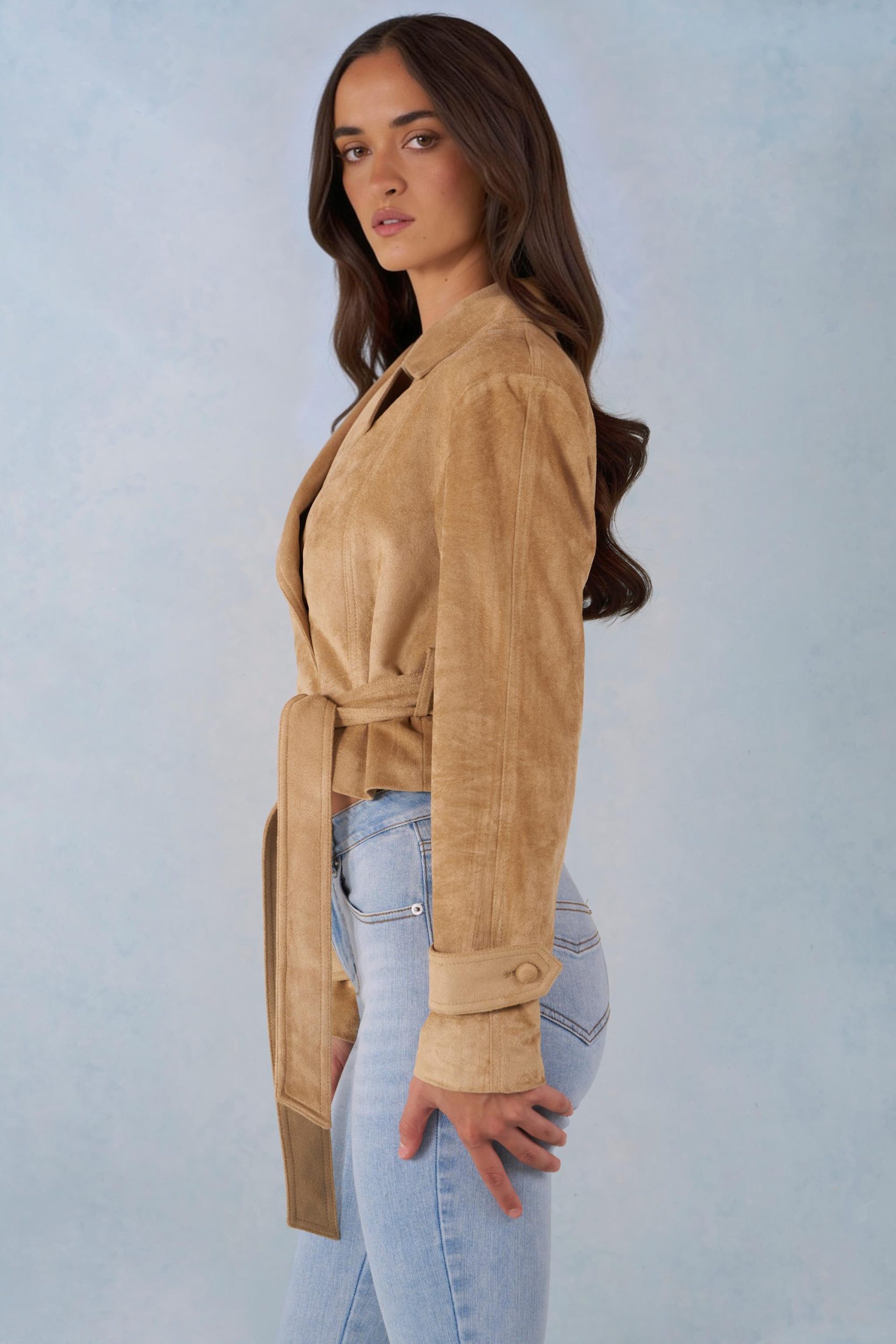 Faux Suede Cropped Belted Jacket in Tan - Image 4