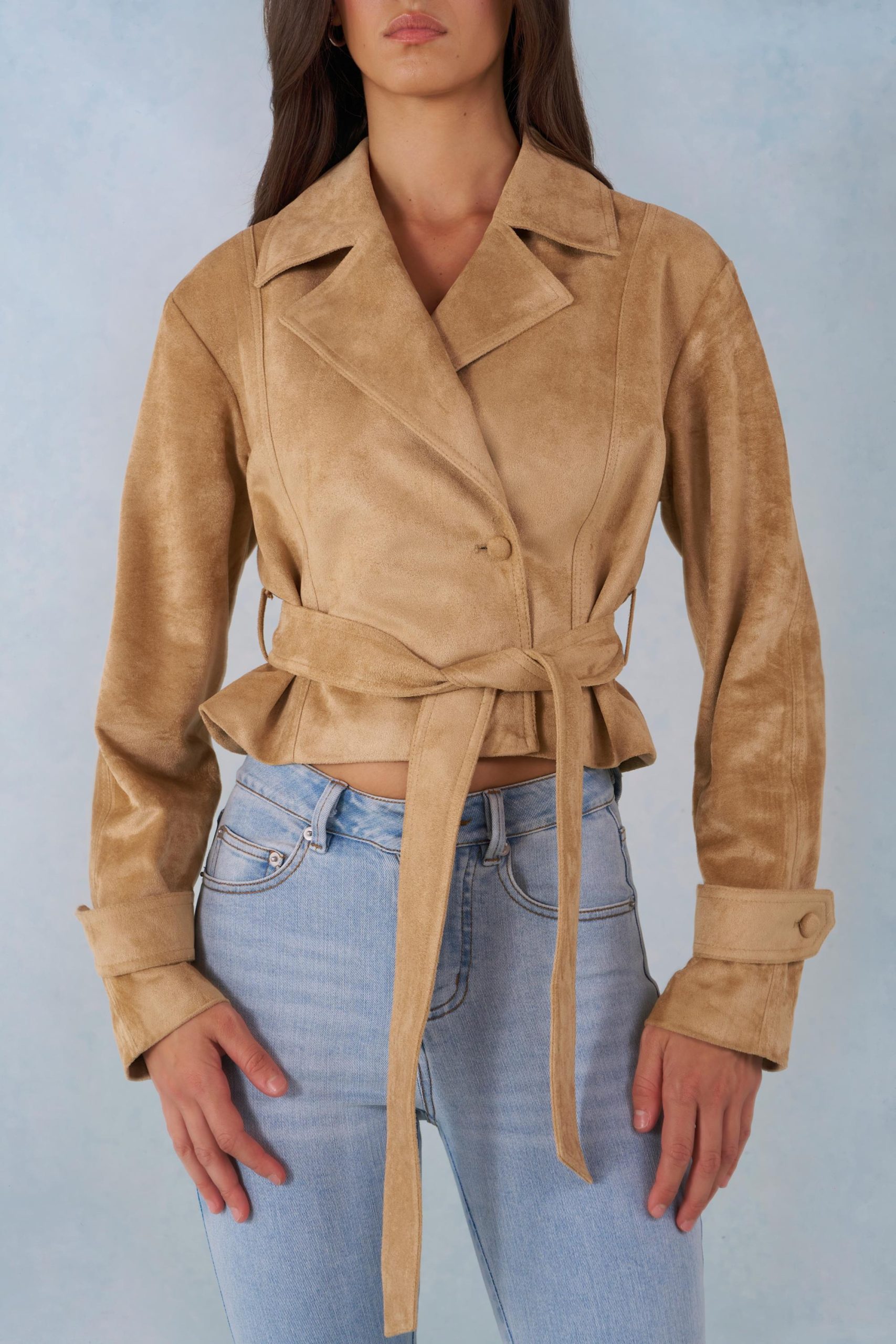 Faux Suede Cropped Belted Jacket in Tan - Image 5