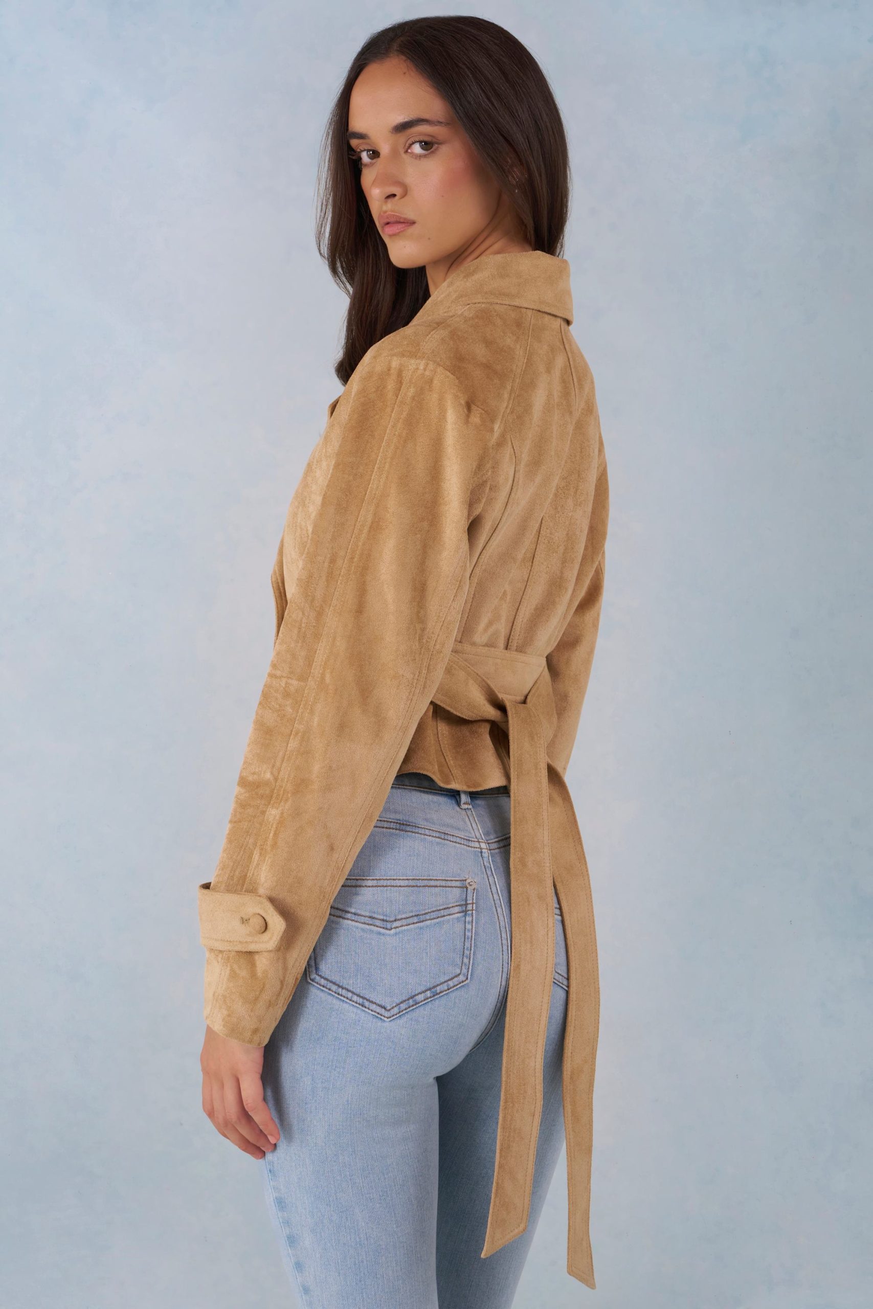 Faux Suede Cropped Belted Jacket in Tan - Image 2