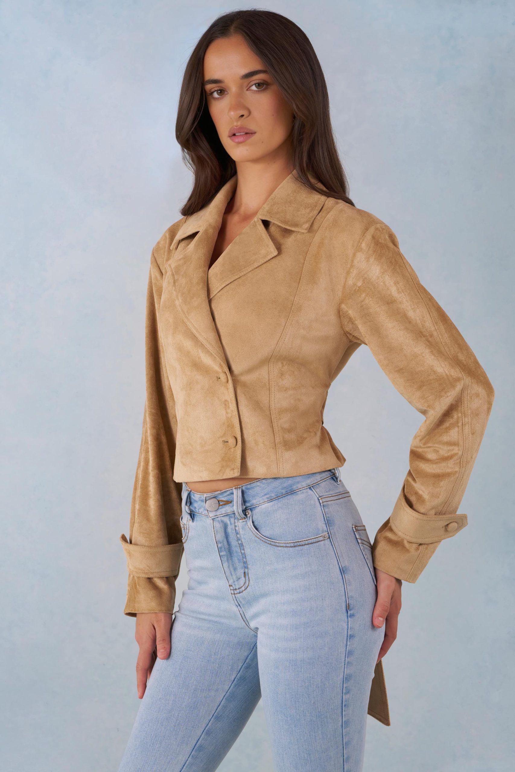 Faux Suede Cropped Belted Jacket in Tan - Image 7