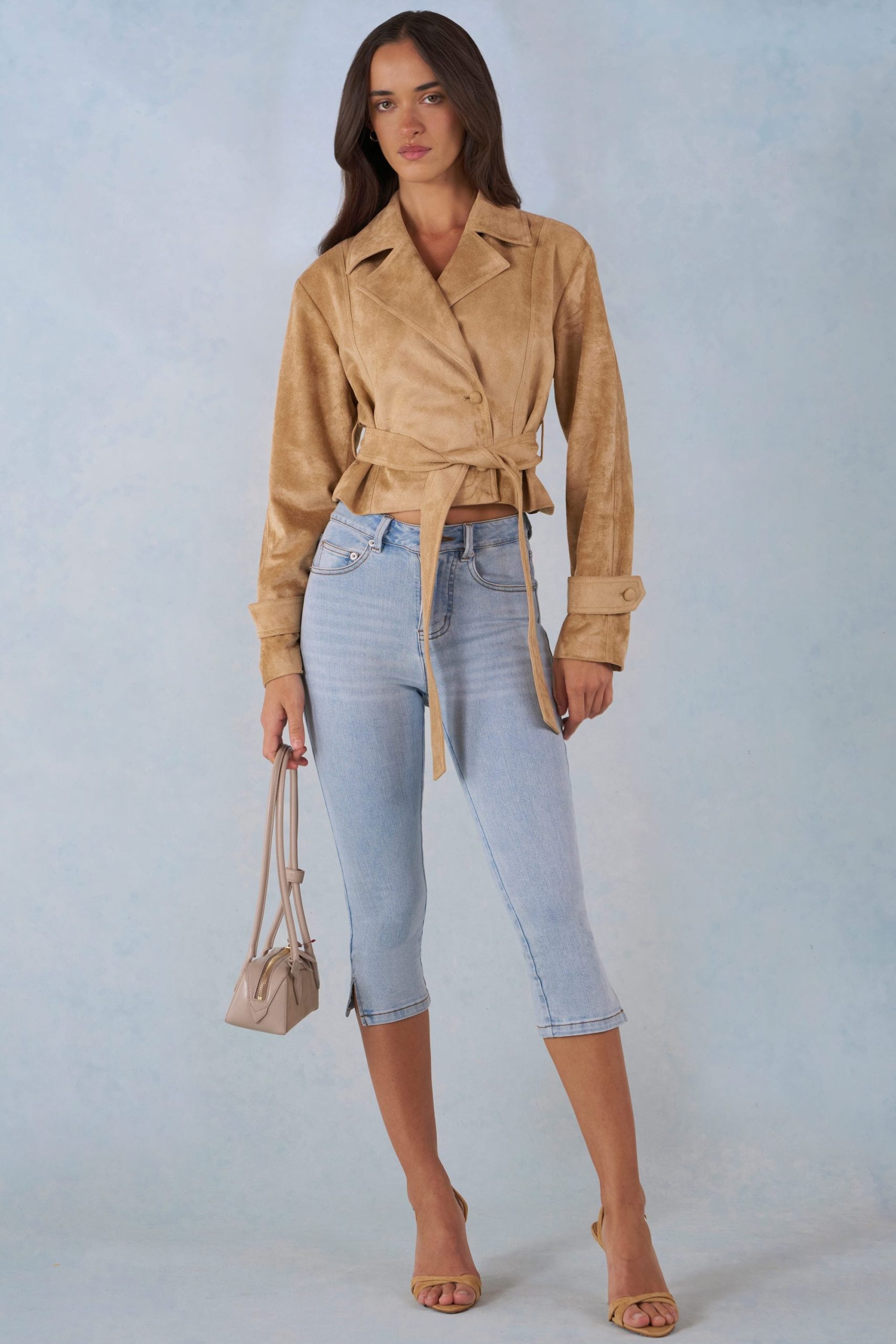Faux Suede Cropped Belted Jacket in Tan - Image 6