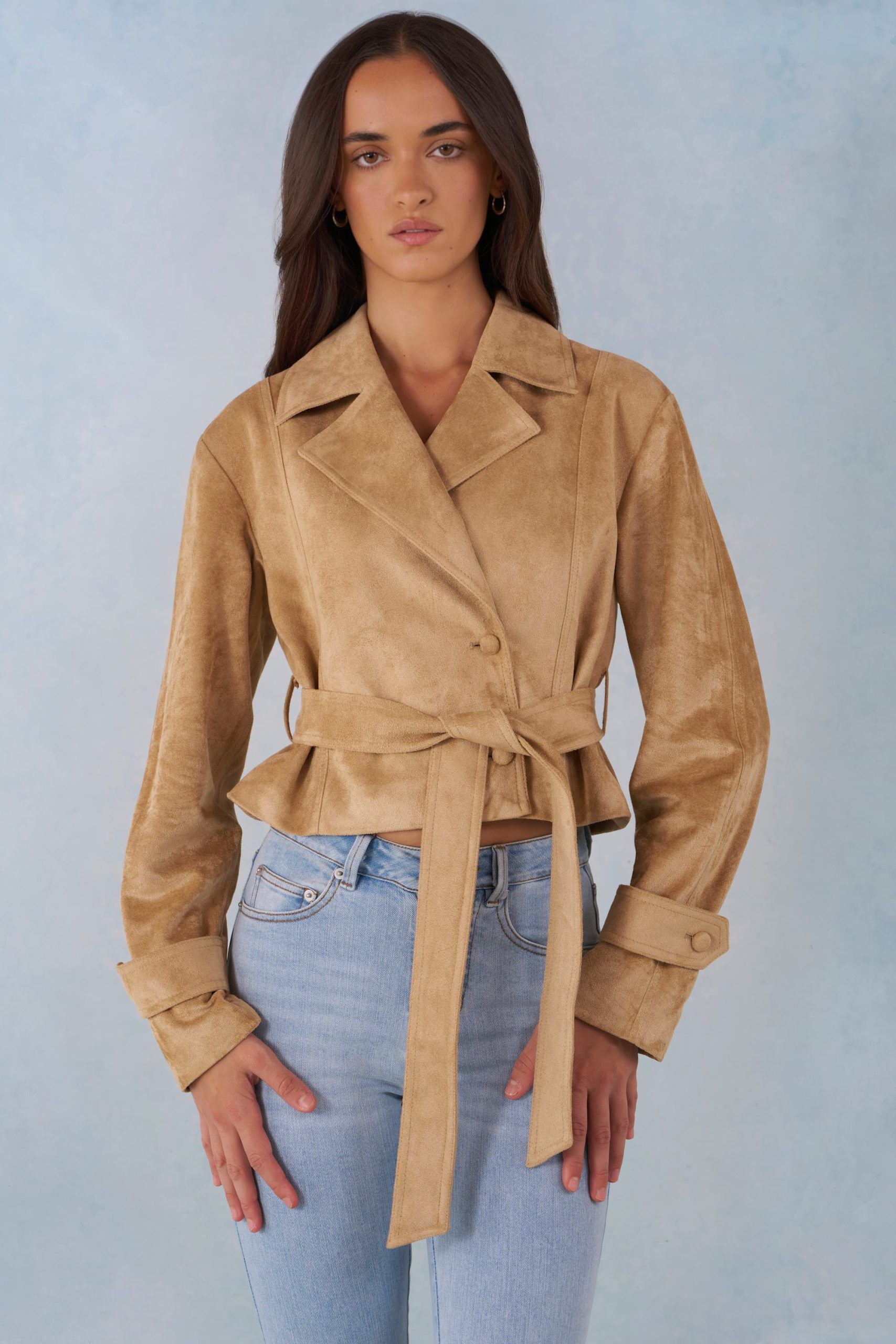Faux Suede Cropped Belted Jacket in Tan - Image 8