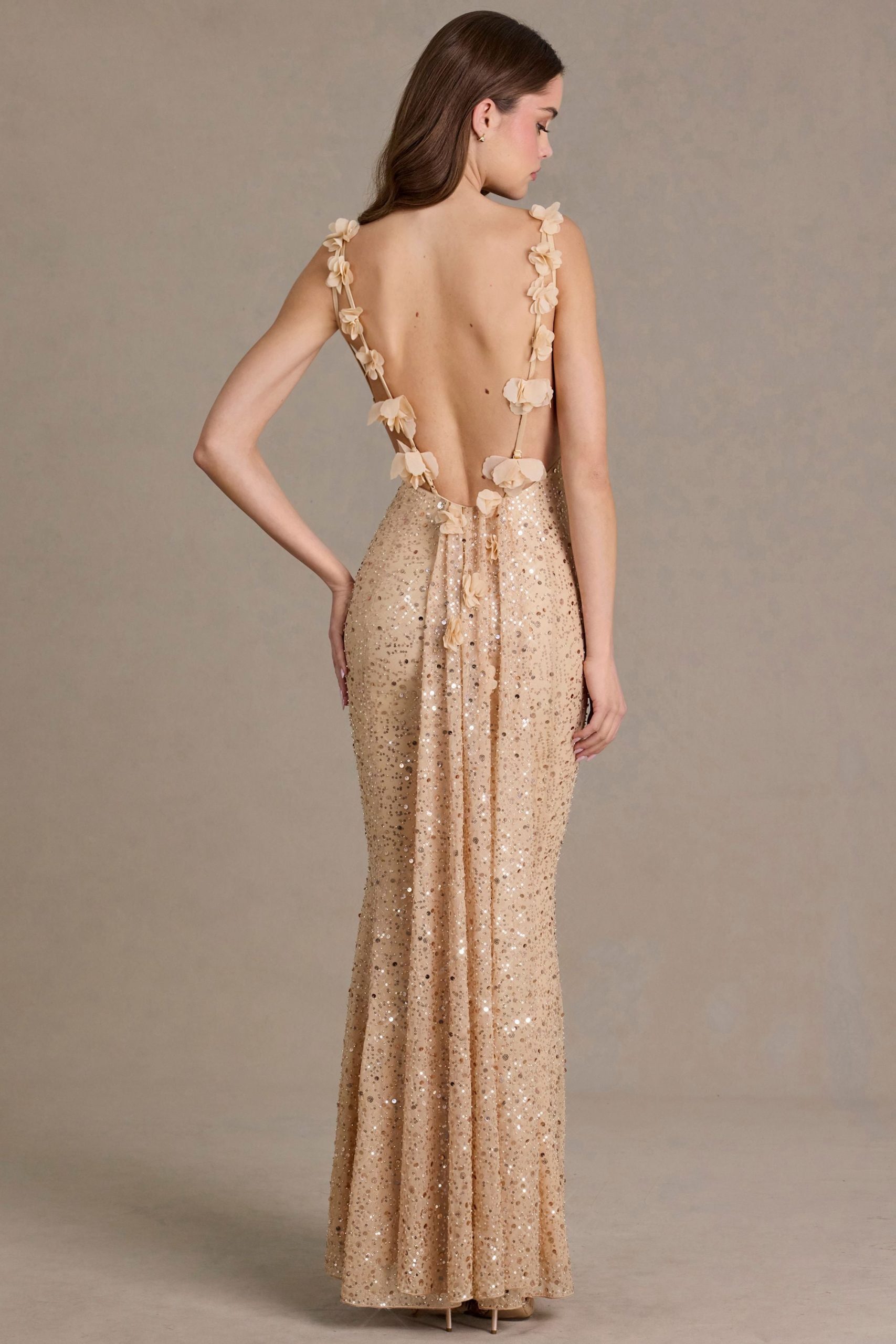 Premium Embellished Open-Back Maxi Dress in Gold - Image 5
