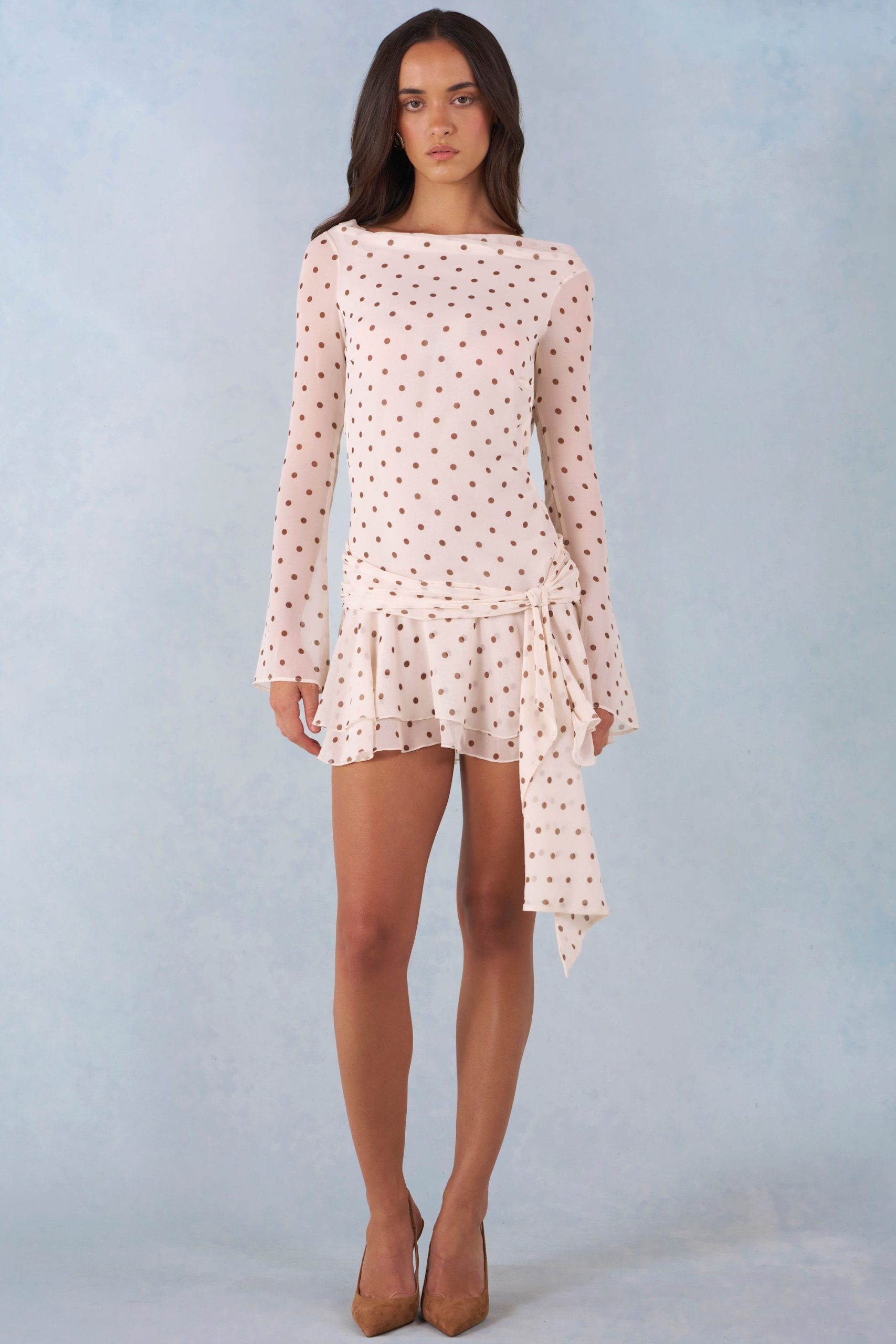 Long-Sleeve Open-Back Mini Dress in Ivory Polka Dot Print - Image 4