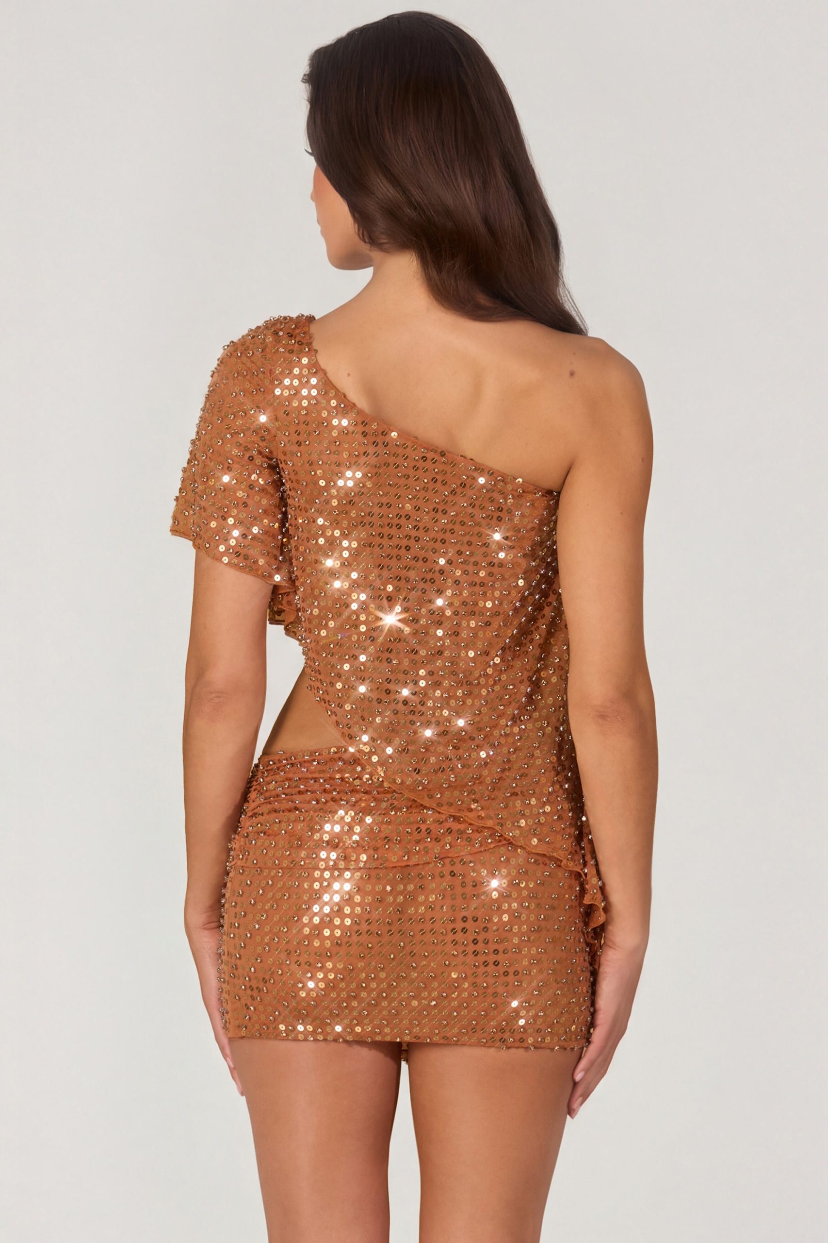 Embellished One-Shoulder Asymmetric Top in Bronze - Image 2