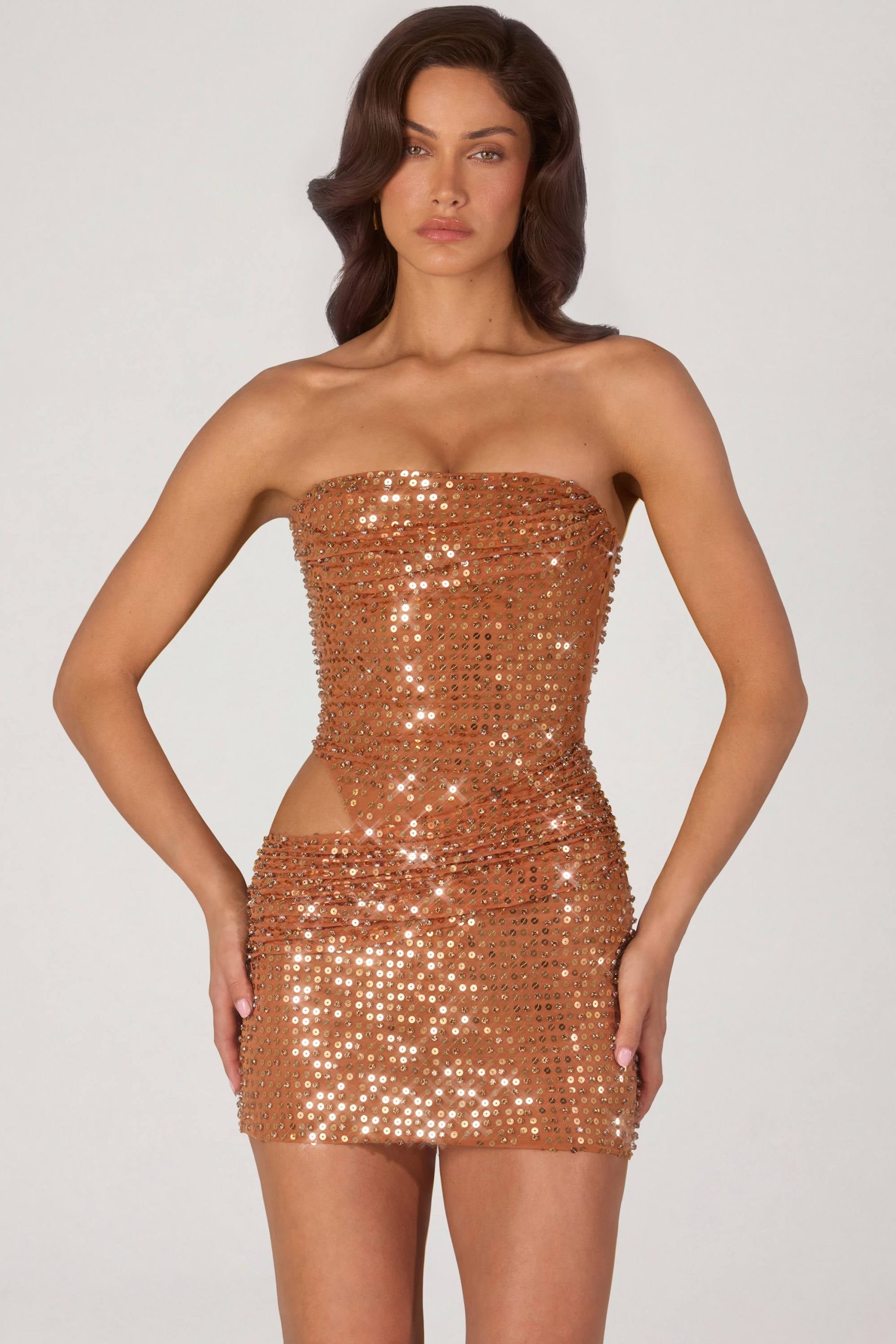 Embellished Cut-Out Mini Dress in Bronze - Image 6