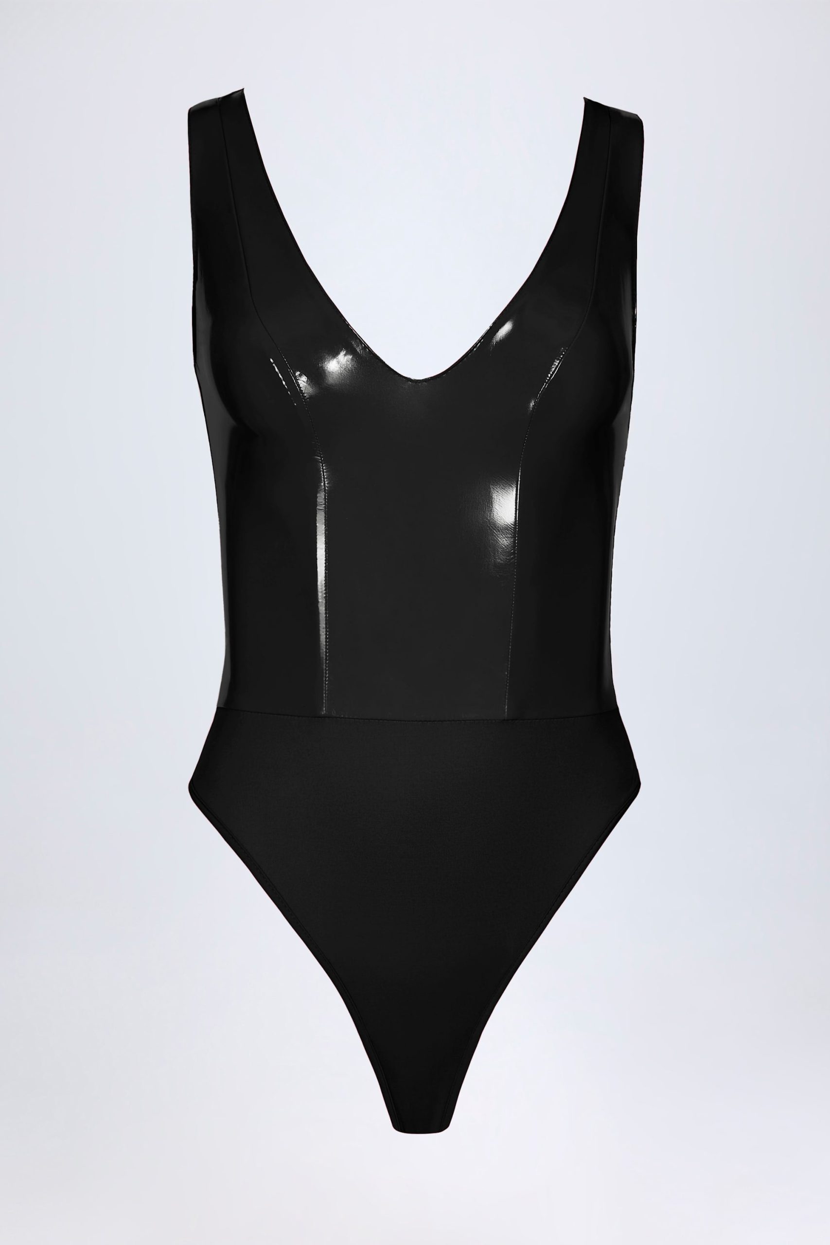 Glossy Vinyl Plunge-Neck Bodysuit in Black - Image 5