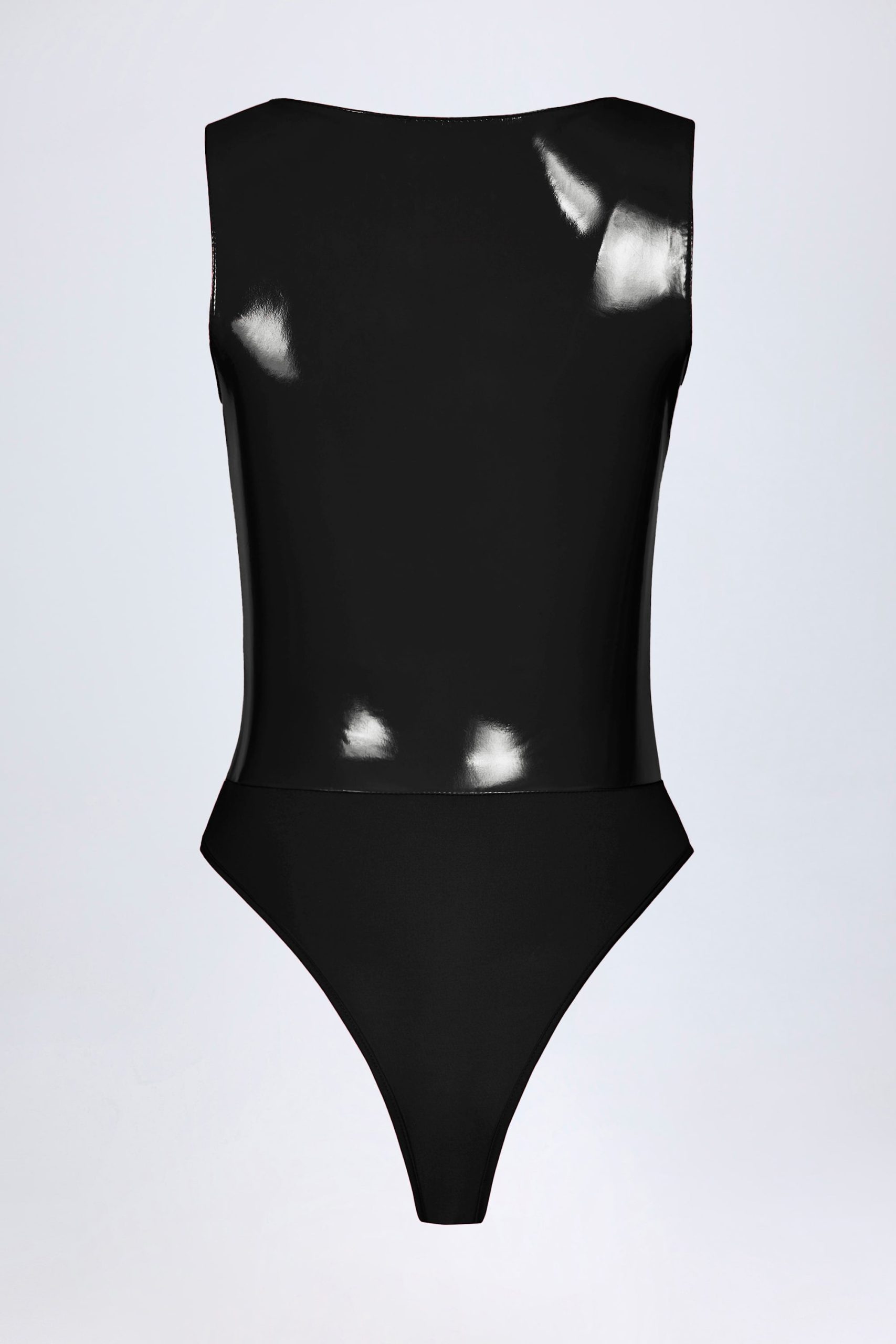 Glossy Vinyl Plunge-Neck Bodysuit in Black - Image 6