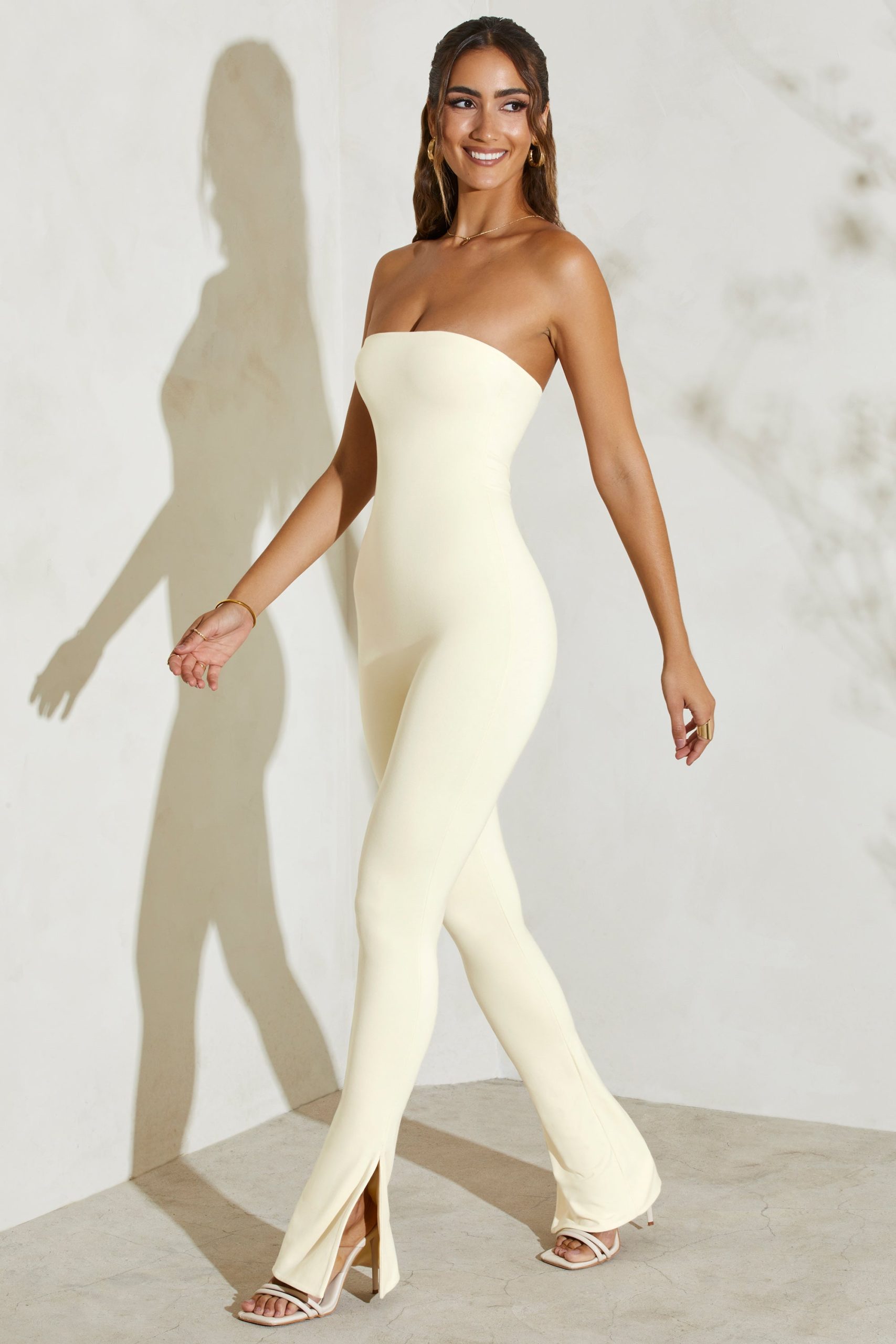 Strapless Flared Hem Jumpsuit in Ivory - Image 8