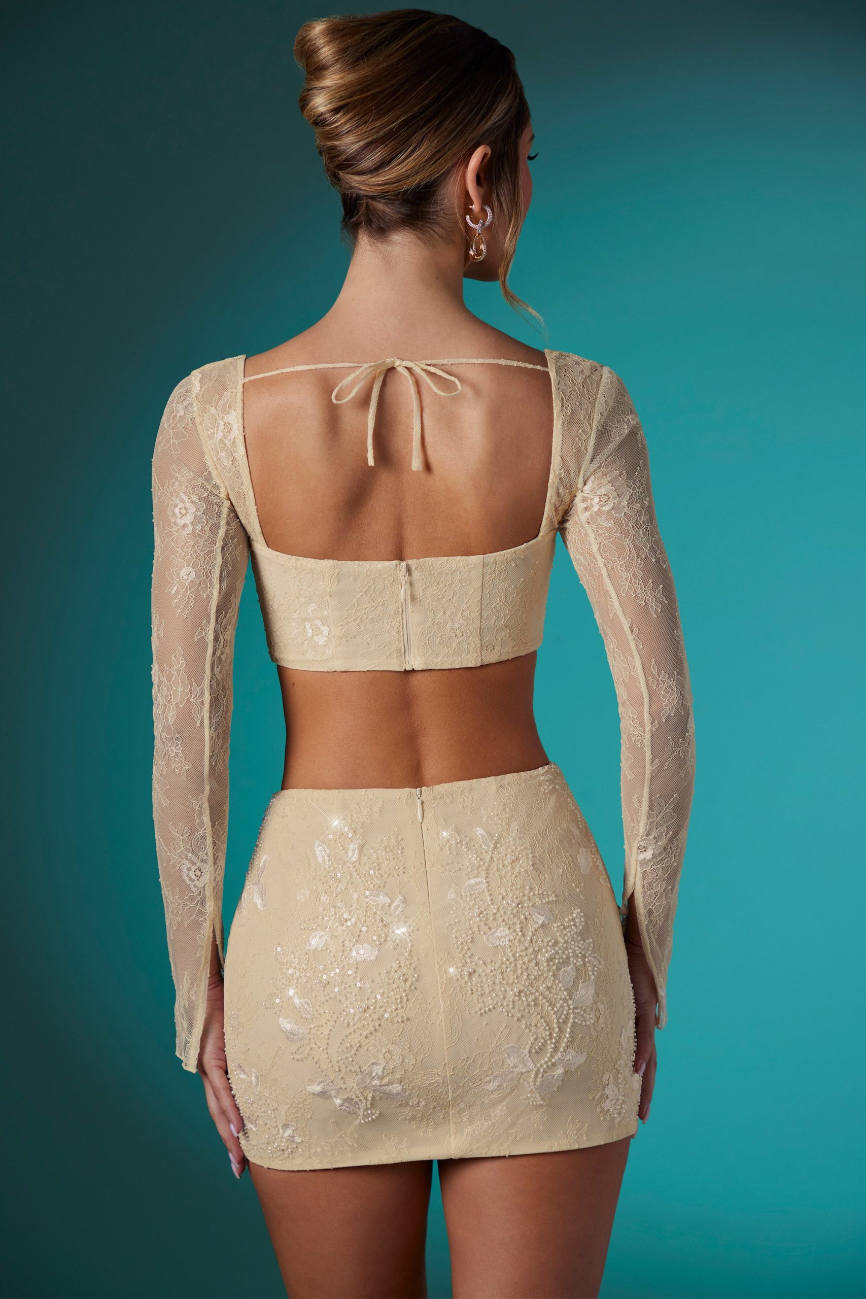 Embellished Lace Bodycon Mini Skirt in Ivory - Image 2