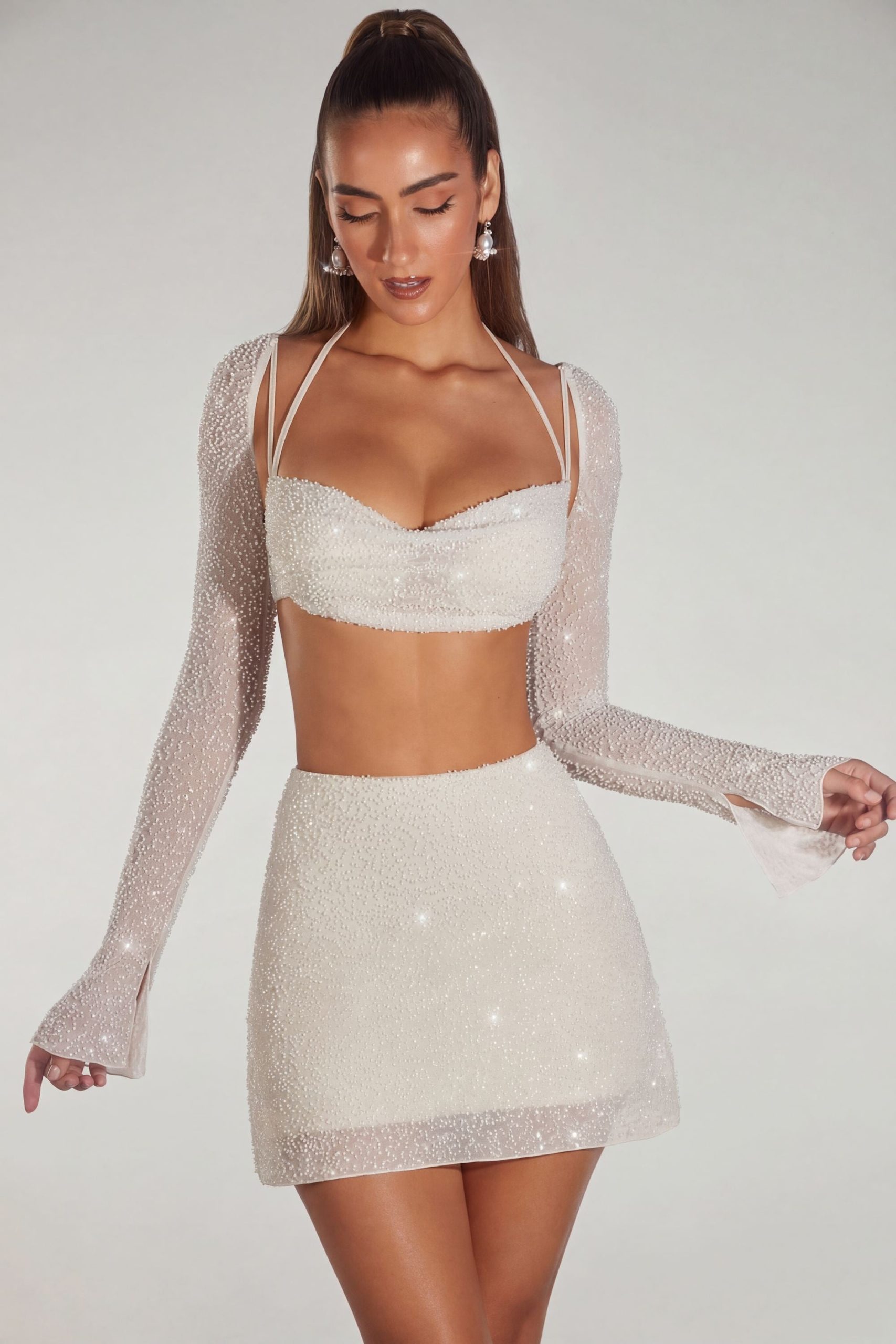 Embellished Long Sleeve Crop Top in Ivory - Image 6