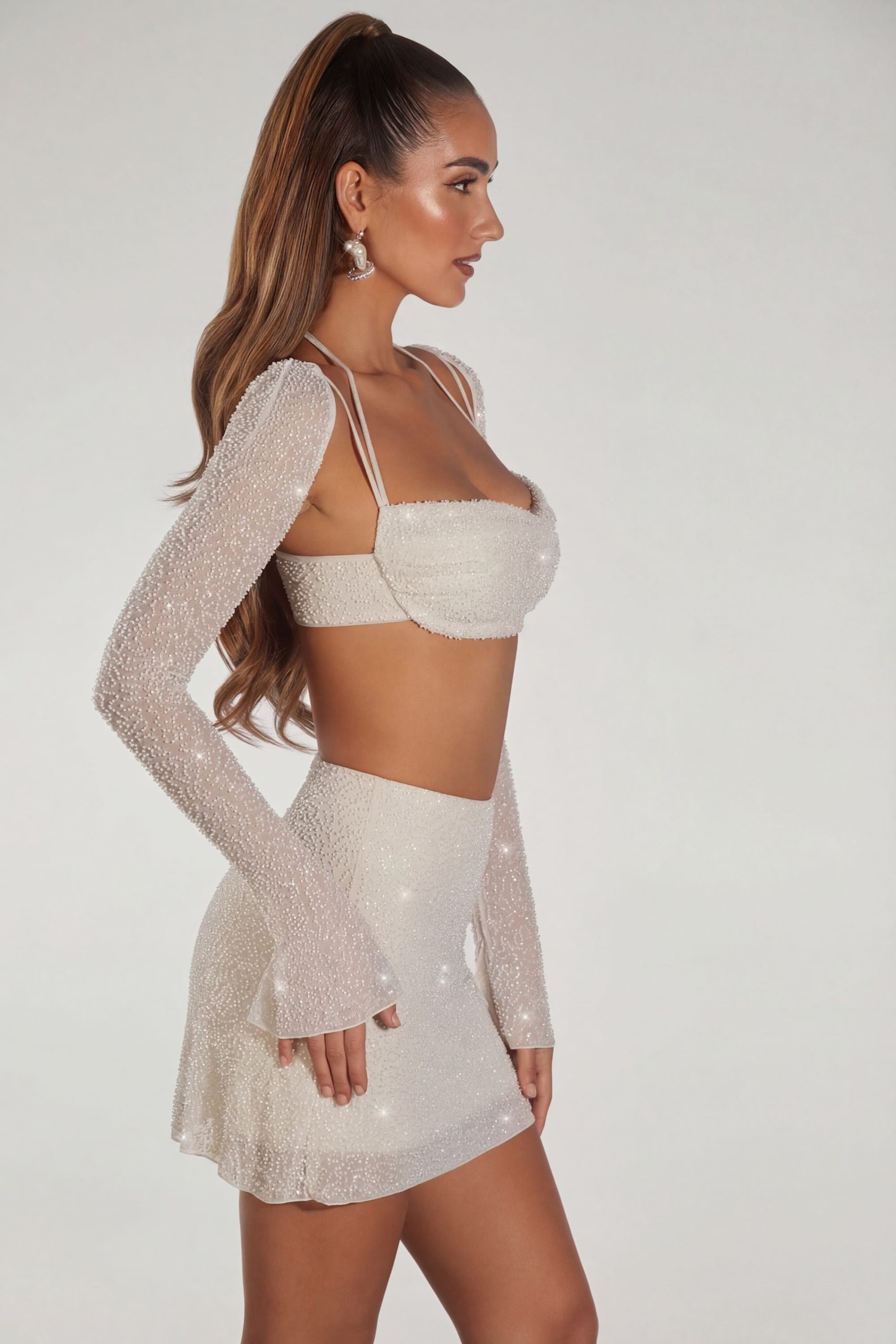 Embellished Long Sleeve Crop Top in Ivory - Image 3