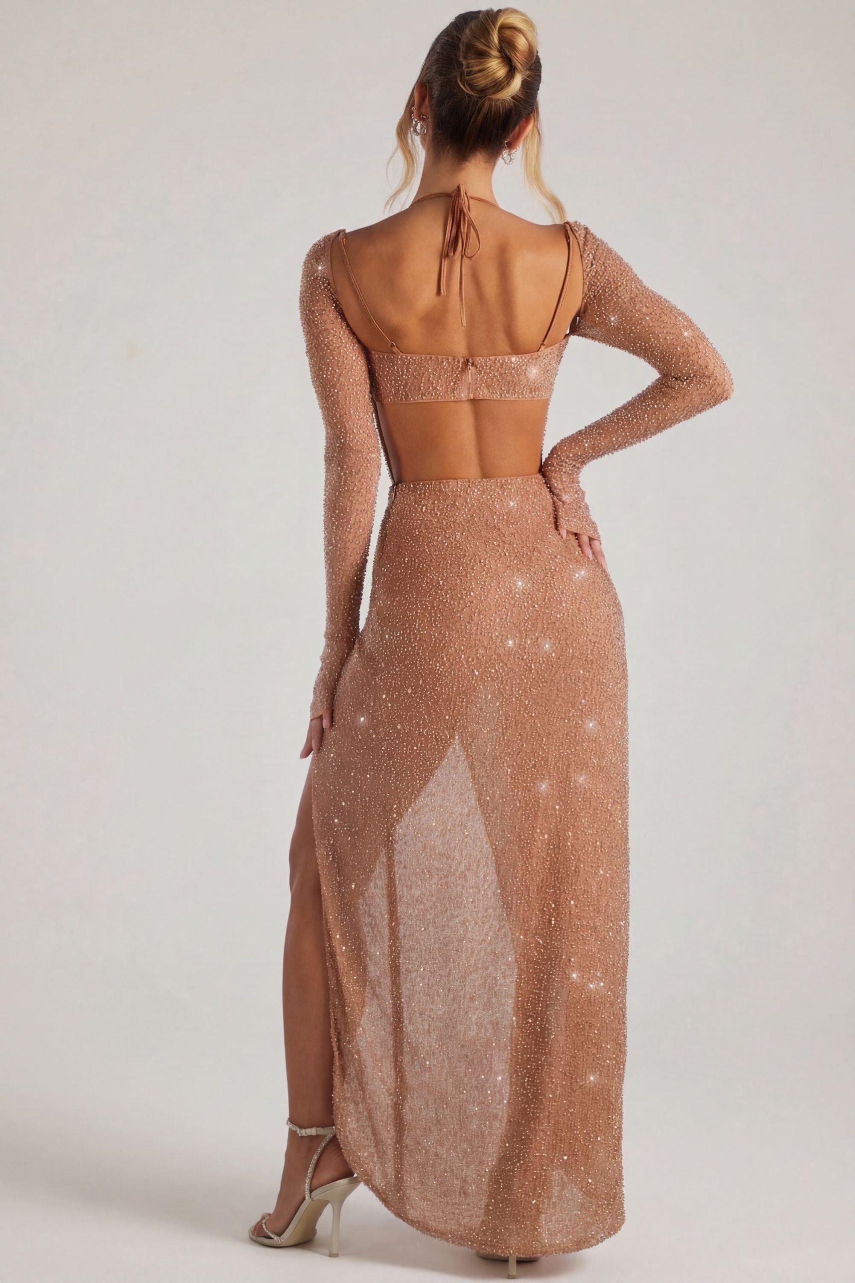 Embellished Cowl Neck Maxi Dress in Nude - Image 2