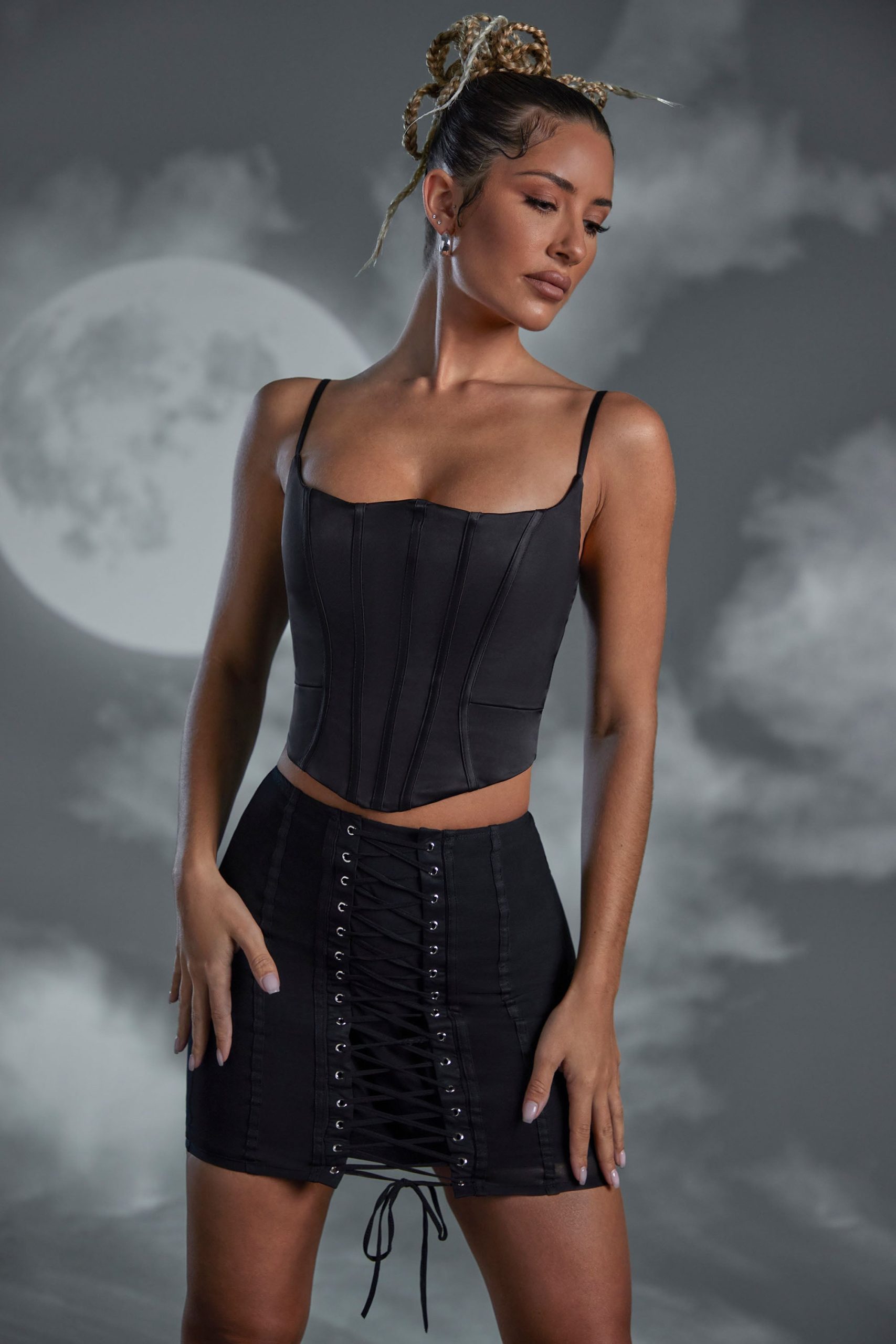 Lace Up Mini Skirt in Black - Image 4