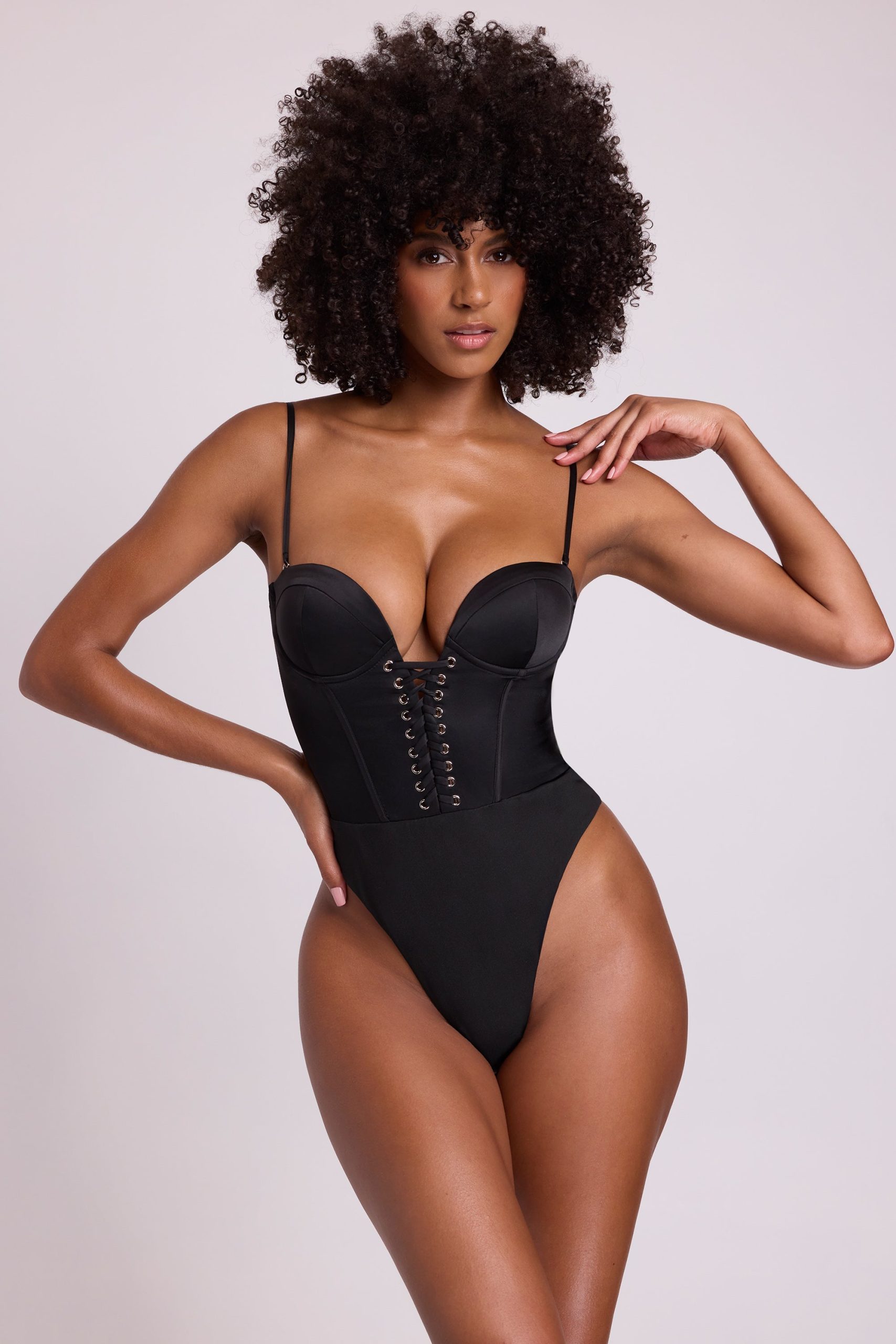Satin Plunge Neck Lace Up Corset Bodysuit in Black - Image 8
