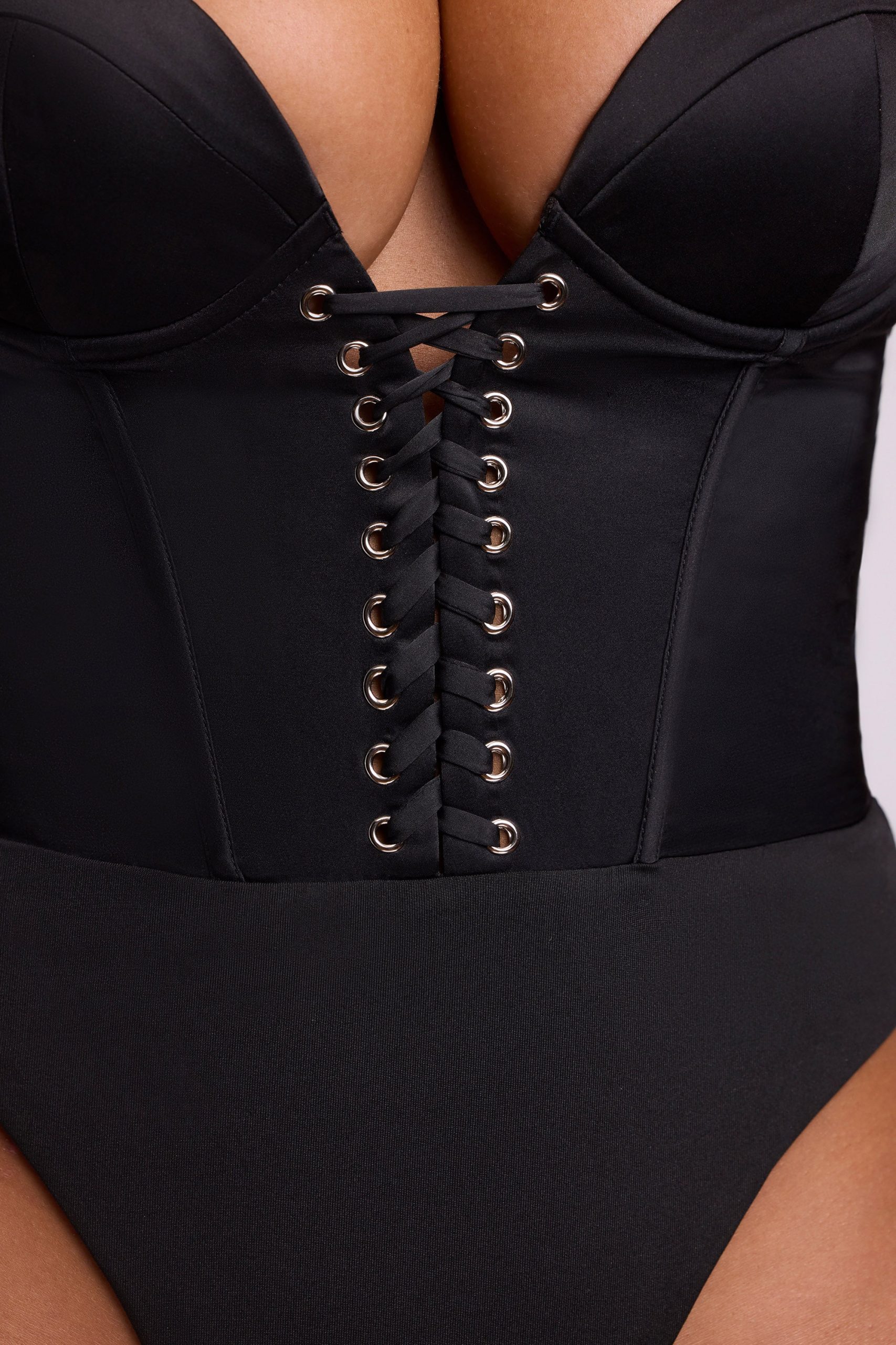 Satin Plunge Neck Lace Up Corset Bodysuit in Black - Image 4