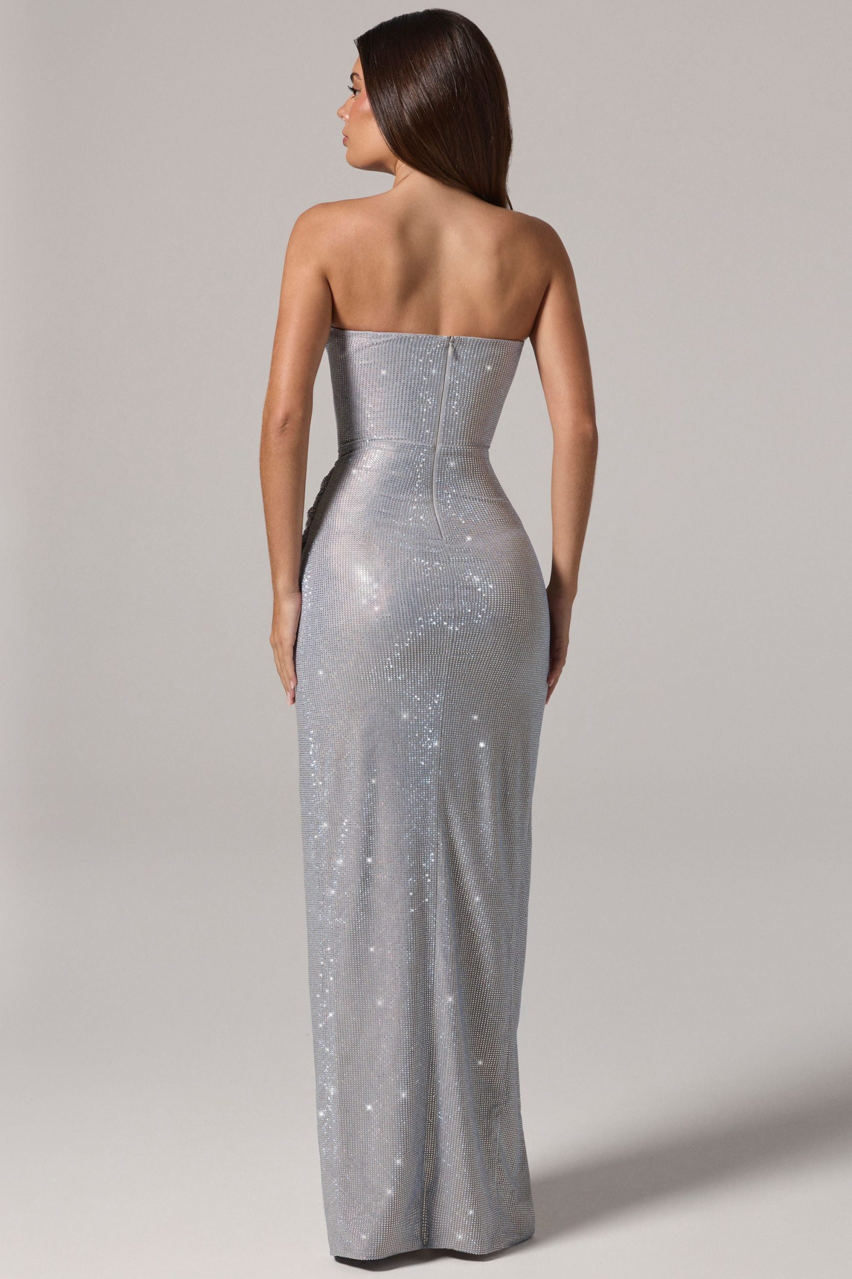 Embellished Bandeau Cowl-Waist Maxi Dress in Silver - Image 2