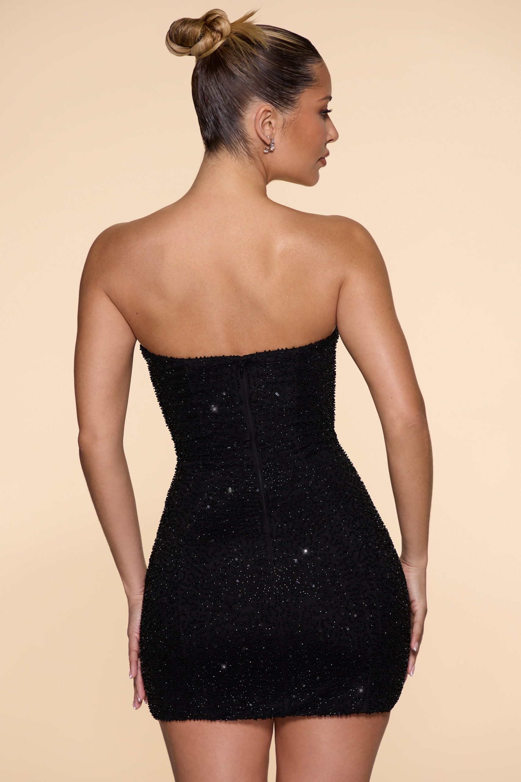 Embellished Strapless Cowl Neck Mini Dress in Black - Image 2