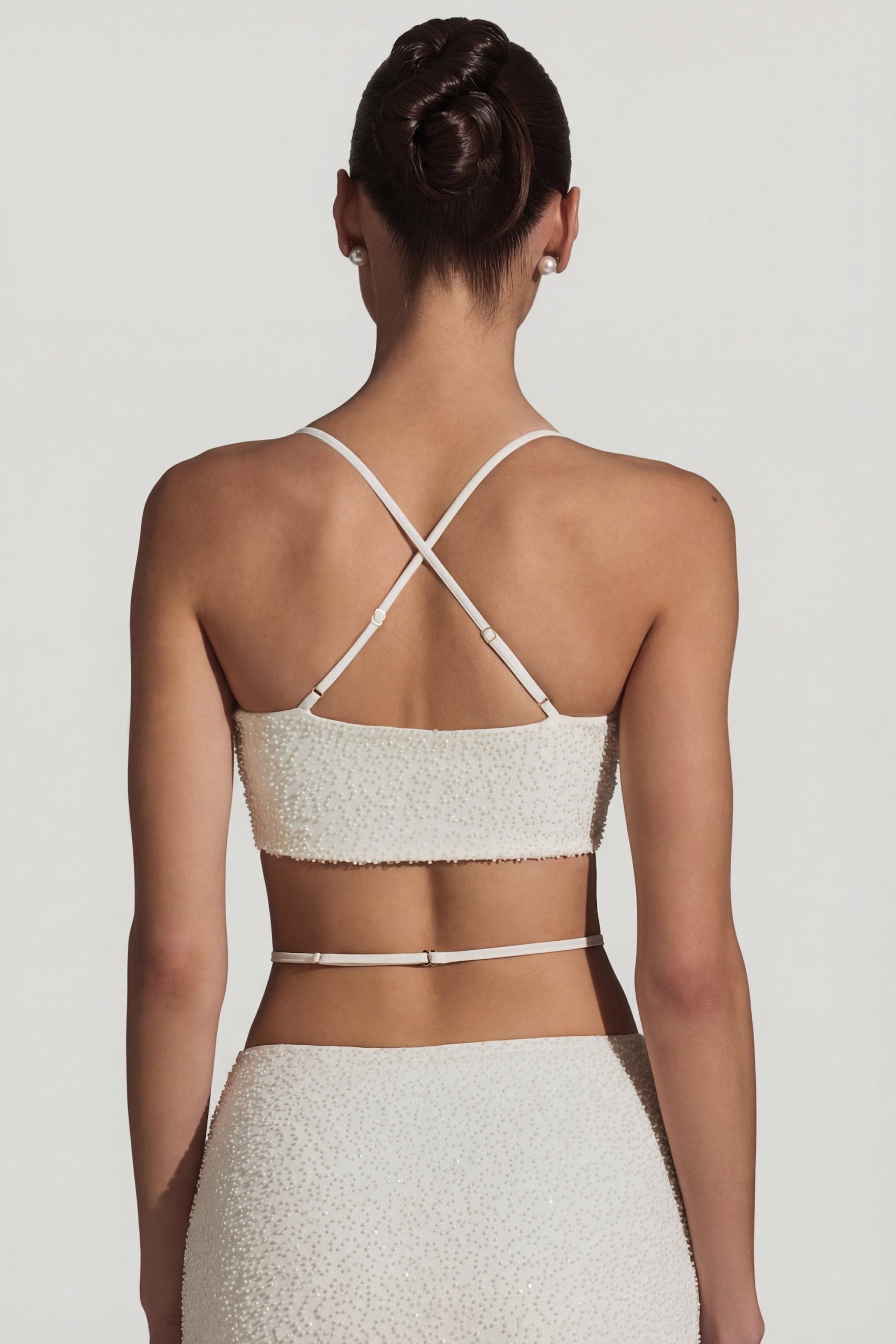 Embellished Cross Back Crop Top in White - Image 8