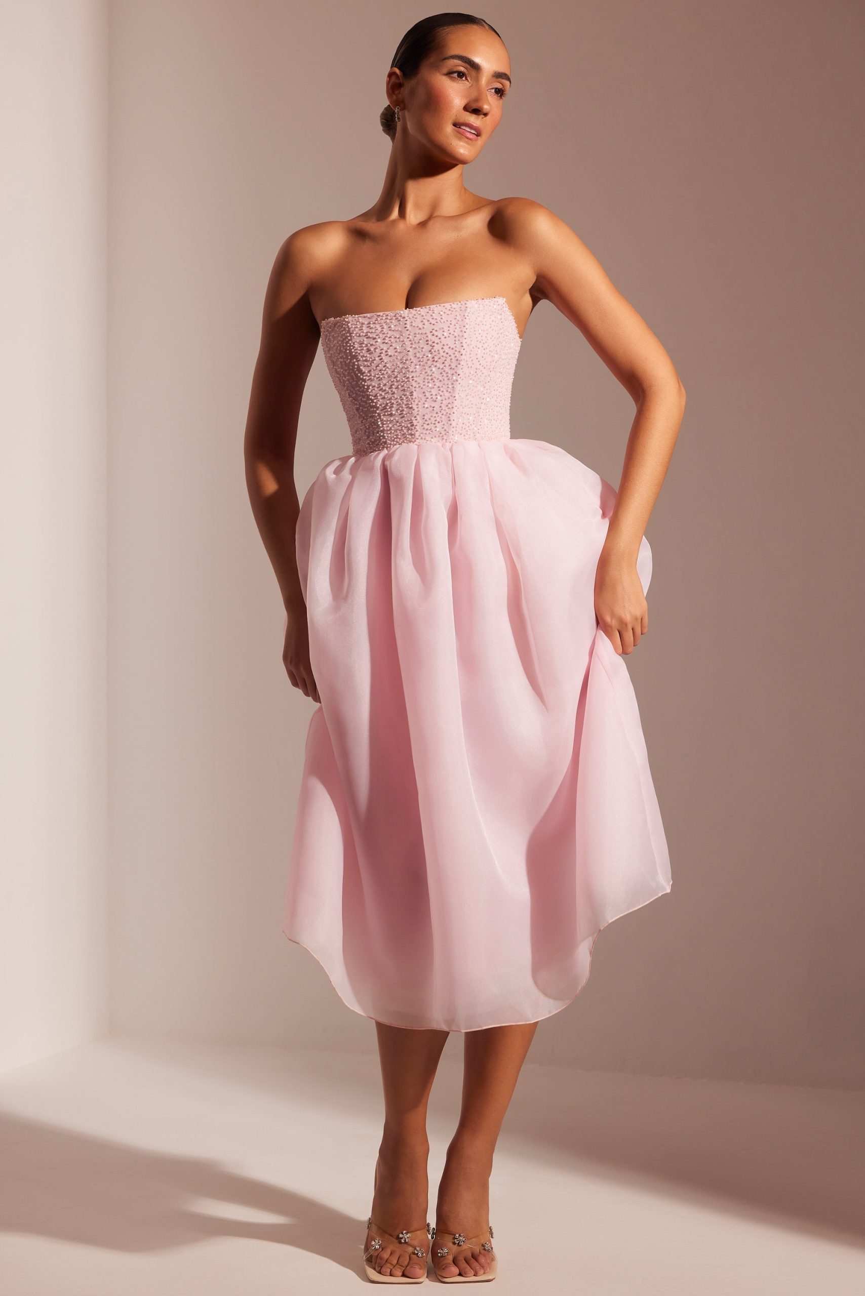 Embellished Corset Tulle Skirt Midi Dress in Blush - Image 6