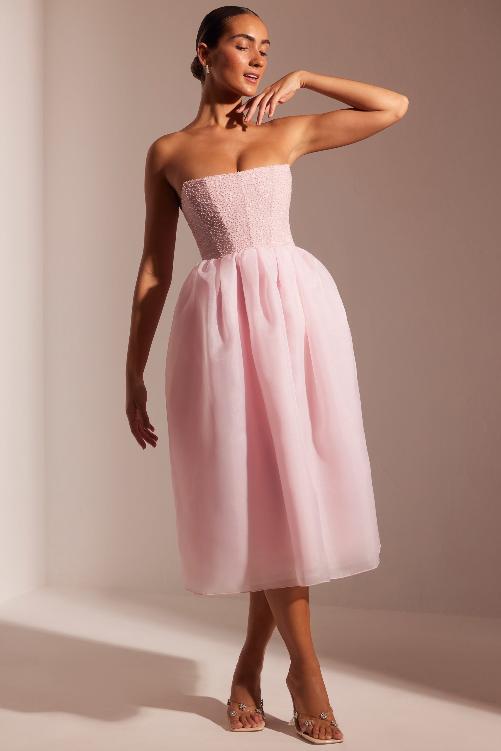 Embellished Corset Tulle Skirt Midi Dress in Blush - Image 7