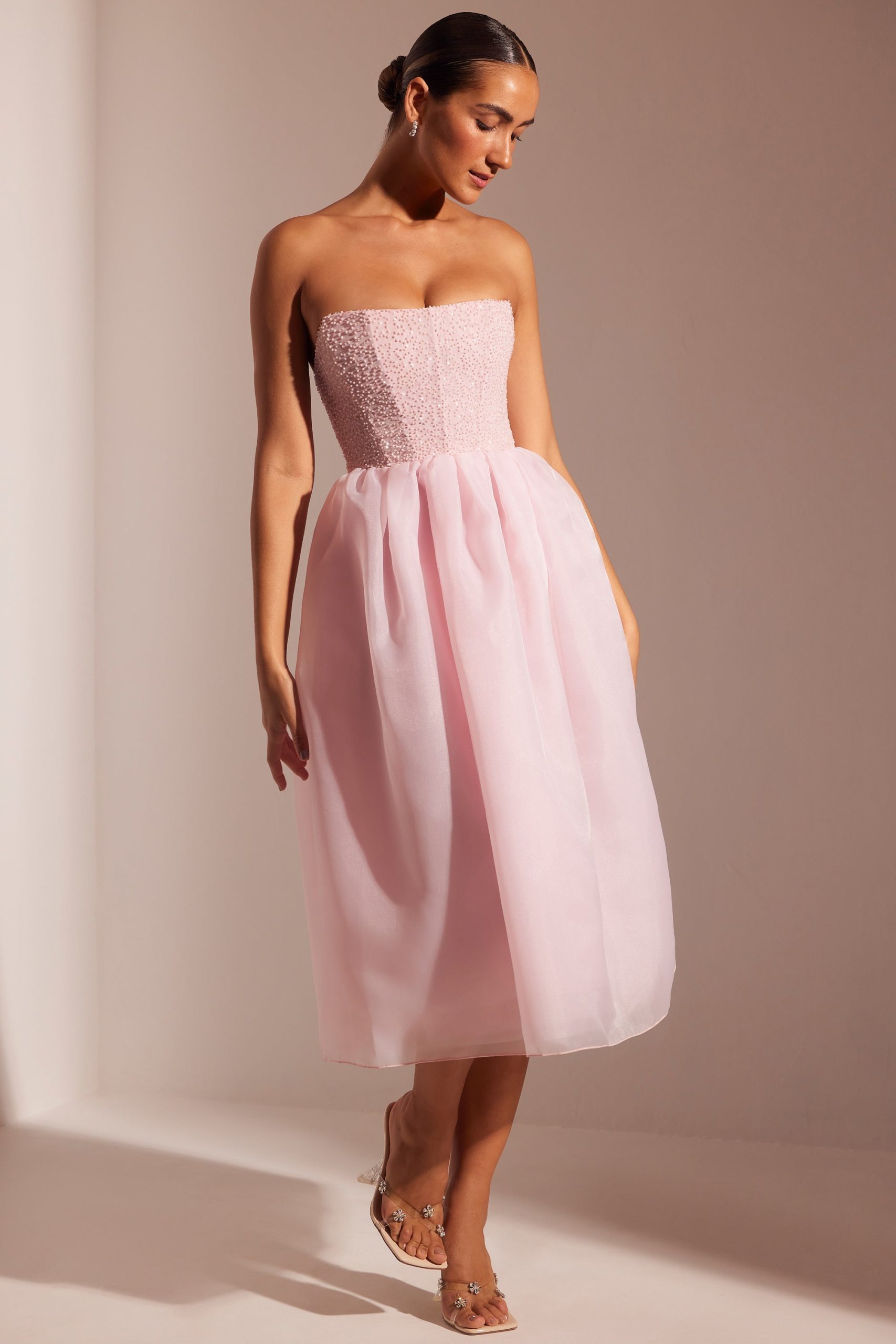 Embellished Corset Tulle Skirt Midi Dress in Blush - Image 8
