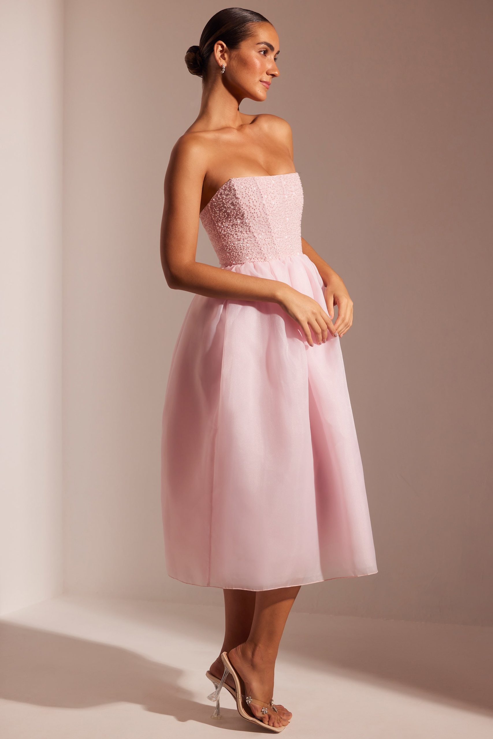 Embellished Corset Tulle Skirt Midi Dress in Blush - Image 3