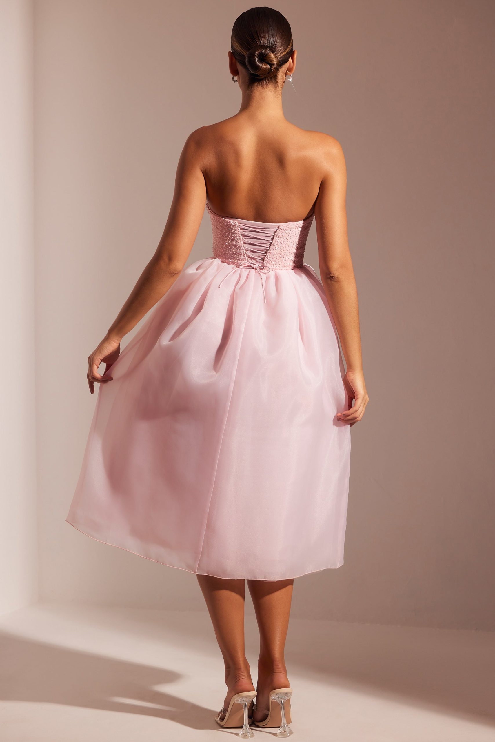Embellished Corset Tulle Skirt Midi Dress in Blush - Image 2