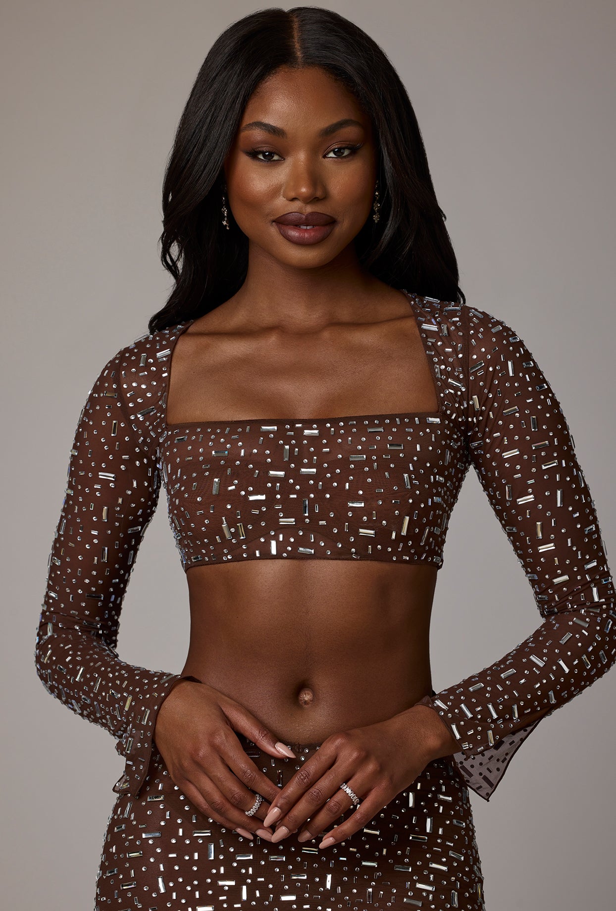 Sheer Embellished Long Sleeve Crop Top in Deep Cocoa - Image 11