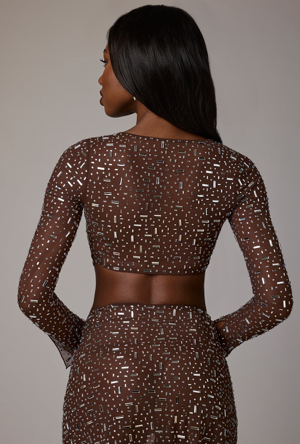 Sheer Embellished Long Sleeve Crop Top in Deep Cocoa - Image 6