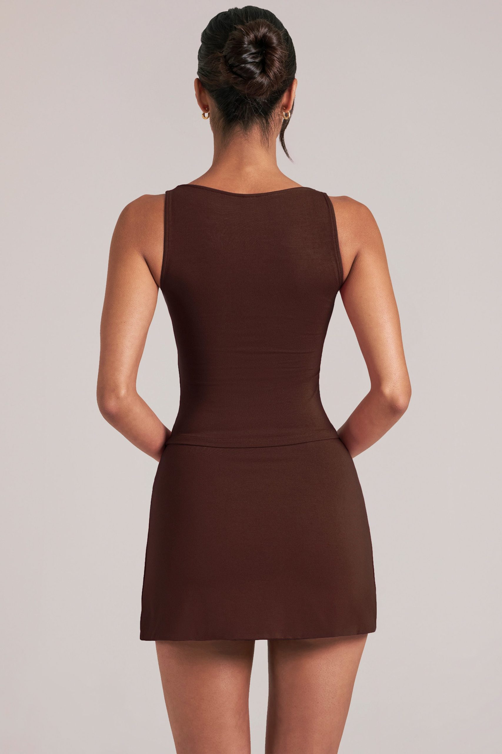 Mid-Rise Bodycon Ultra Mini Skirt with Split in Chocolate Brown - Image 2